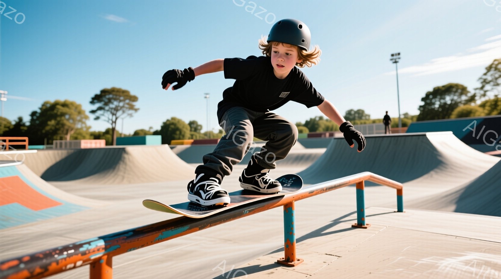 若い少年がスケートボードでレールの上を滑っている写真です。彼は黒いヘルメット、黒いTシャツ、カーキ色のズボン、そして黒い靴を履いており、集中した表情でバランスを取っています。背景にはスケートパークのカラフルなランプと、晴れた空と緑の木々が見え、活気のある屋外の雰囲気が伝わってきます。