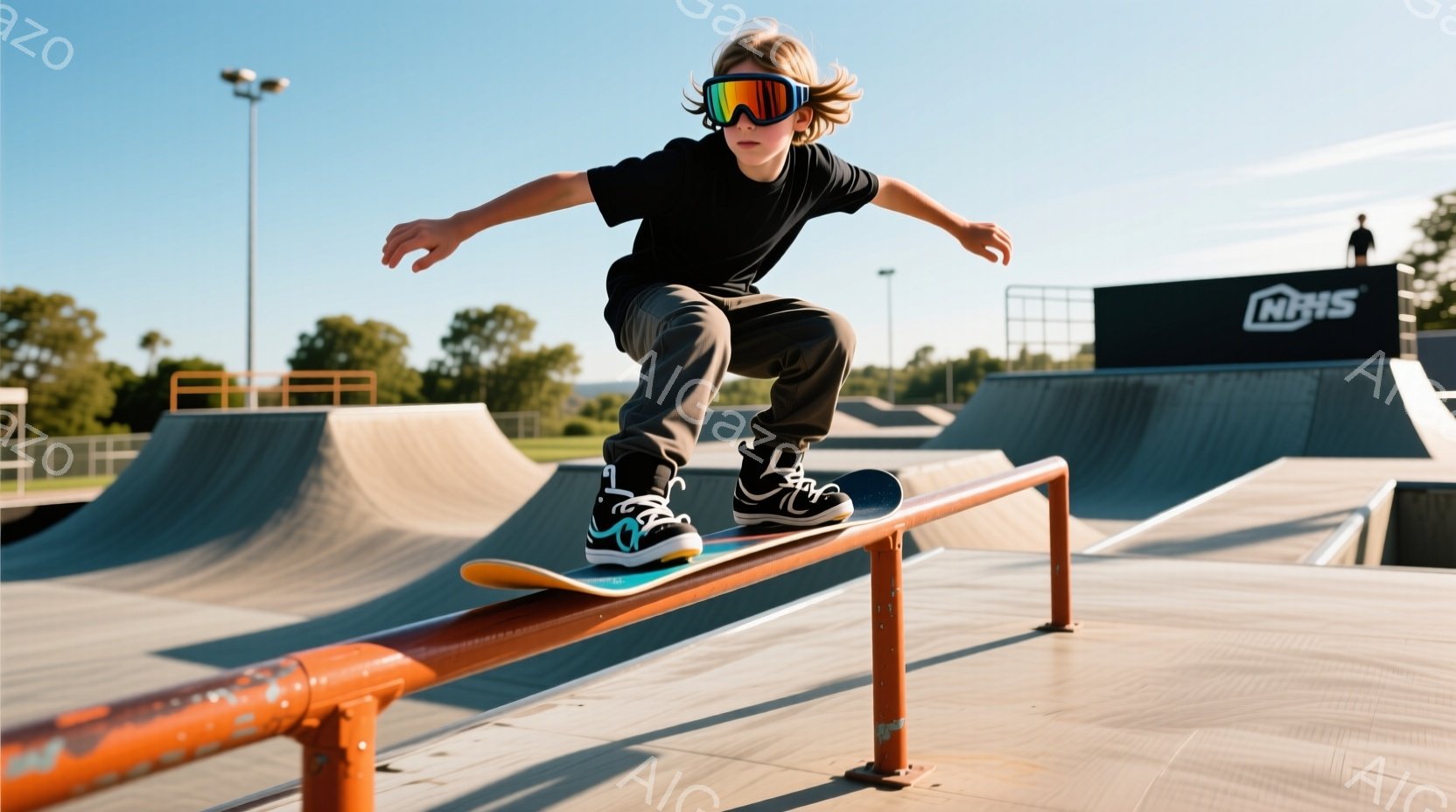 若い少年がスケートボードでオレンジ色のレールの上を滑っている。彼は黒いTシャツ、濃い色のズボン、そして鮮やかなスニーカーを着用し、髪は少し長めで、サングラスをかけている。背景にはコンクリート製のスケートパークの構造物と、晴れた空、そして遠くに見える緑の木々が広がり、活気に満ちた夏の雰囲気を醸し出している。