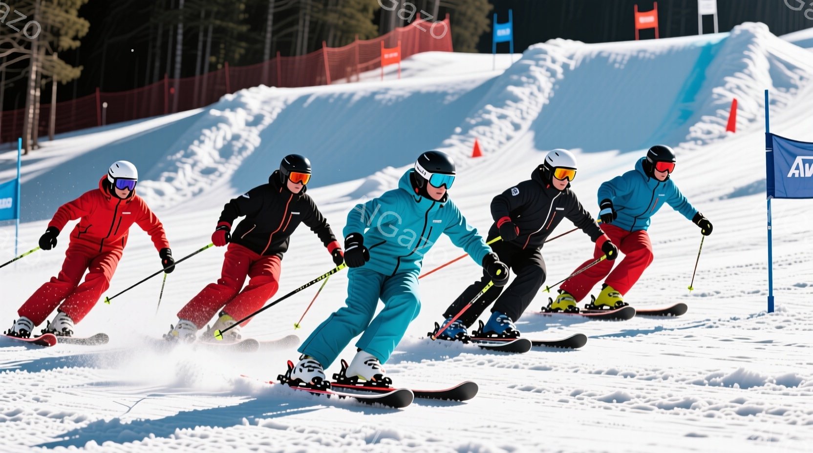雪山をスキーで滑走する5人のグループが写っています。彼らは皆、ヘルメットとゴーグルを着用し、カラフルなスキーウェアを着ており、それぞれ青、赤、黒の服を着ています。背景には雪景色が広がり、スキーコースの旗やネットが確認でき、晴れた日のアクティブな冬の雰囲気が伝わってきます。