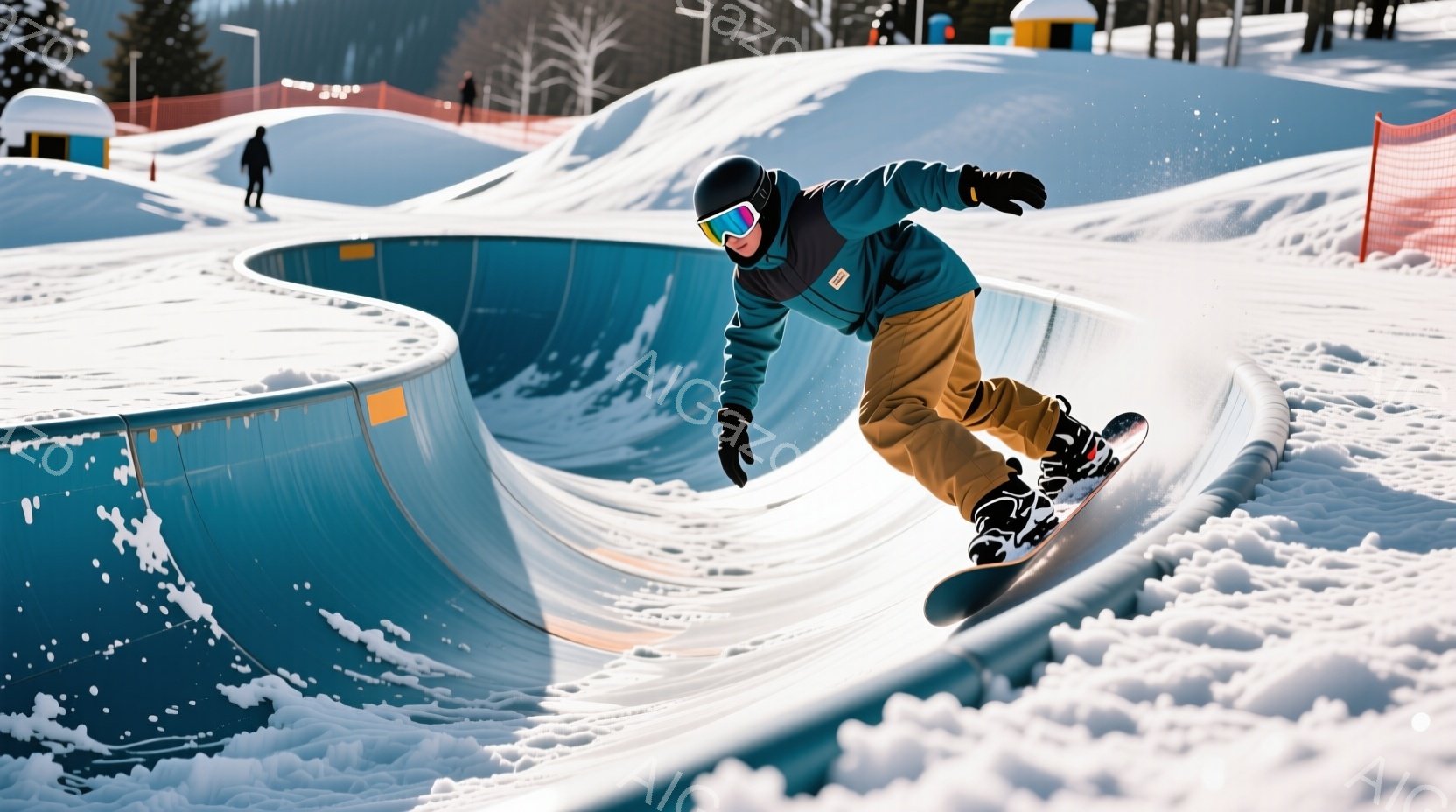 スノーボード選手が青いハーフパイプでエアを披露しています。彼は濃い青色のジャケット、ベージュ色のズボン、黒いヘルメットとゴーグルを着用し、集中した表情で空中に飛び出しています。背景には雪景色が広がり、遠くに建物が見え、晴天の冬の日であることを示しています。