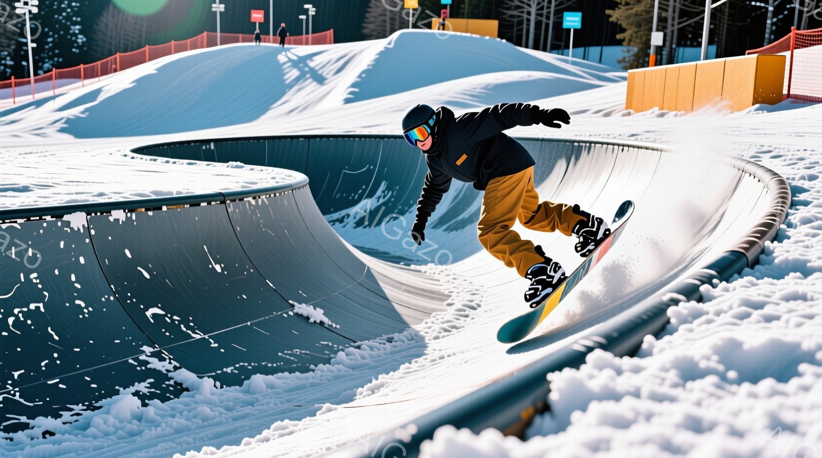 スノーボーダーがハーフパイプで空中技を繰り出している様子が写っています。彼は黒のジャケットとオレンジ色のズボンを着用し、ゴーグルで顔を覆っています。背景には雪に覆われた丘陵地帯と、遠くに見える建物があり、晴天の下、活気のある冬の雰囲気が伝わってきます。