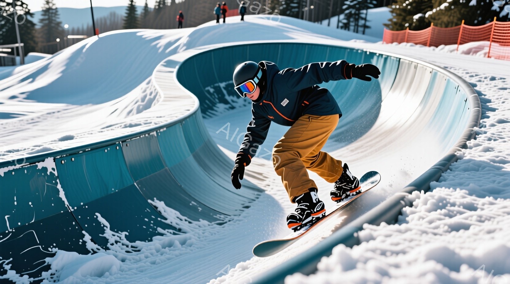 スノーボーダーが半パイプでトリックを決めている瞬間を捉えた写真です。彼は黒いヘルメットとゴーグルを着用し、オレンジと黒のスキーウェア、茶色のズボン、黒いブーツを身に着けています。背景には雪景色が広がり、遠くには木々が見え、晴天の下で活気ある冬のアクティビティを楽しんでいる様子が伝わってきます。