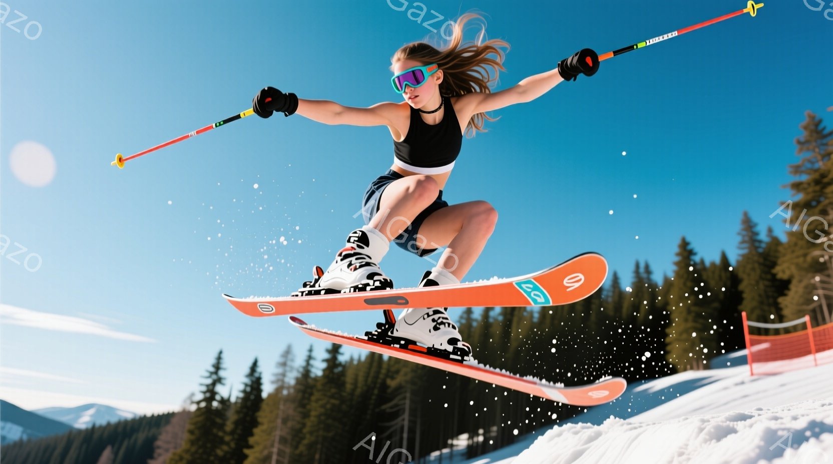 スキーヤーが空中でのジャンプを捉えられています。彼女は黒のスポーツブラと短いスカート、そして白いスキーブーツを着用し、髪は後ろでまとめています。背景には雪に覆われた山々と針葉樹林が広がり、晴天の下、活 - AI生成フリー素材