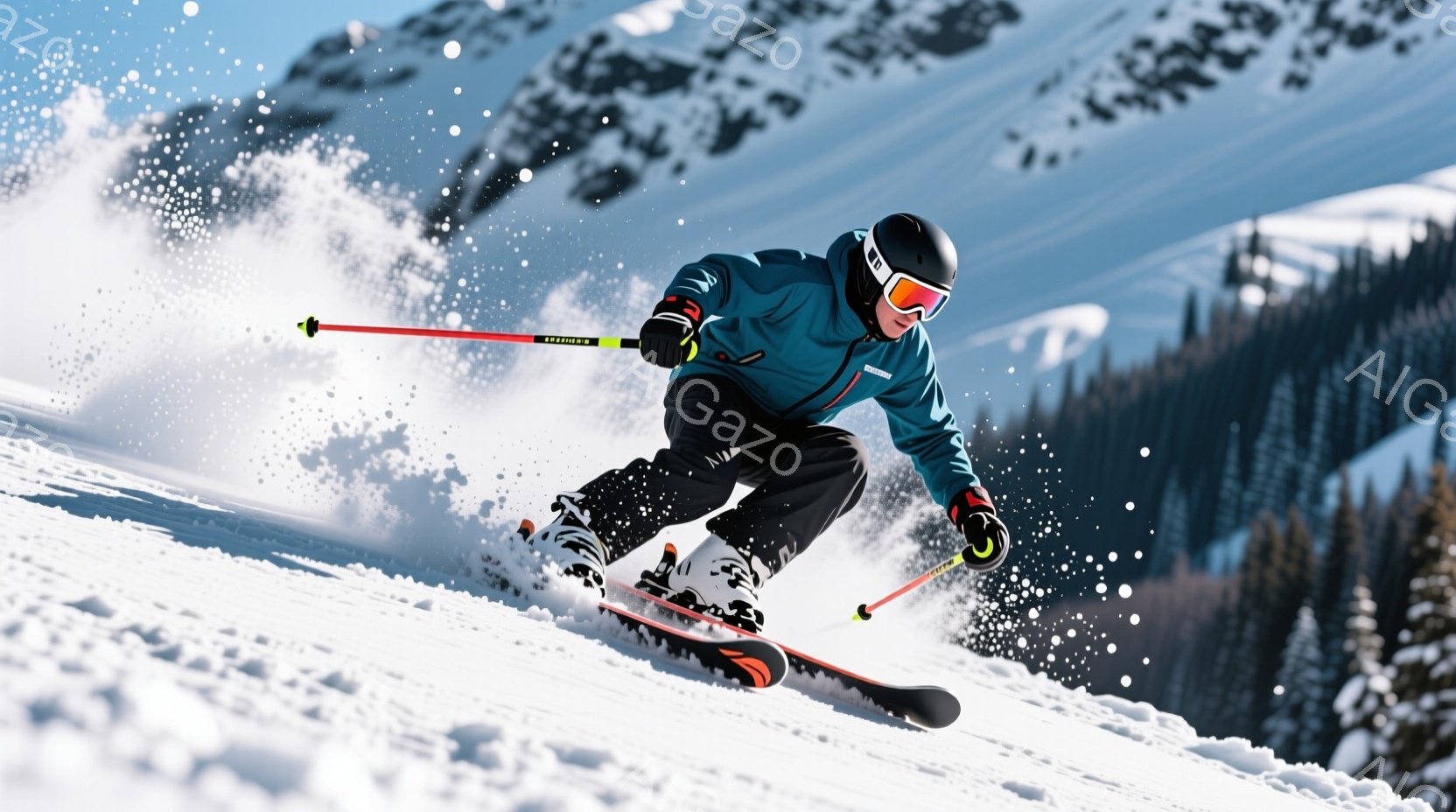 スキーヤーは、青と黒のスキーウェア、ヘルメット、ゴーグルを身に着け、雪上を滑走している。彼は膝を曲げ、前傾姿勢でバランスを取りながら、スピードに乗って滑っている様子が伺える。背景には、雪をまとった山々 - AI生成フリー素材