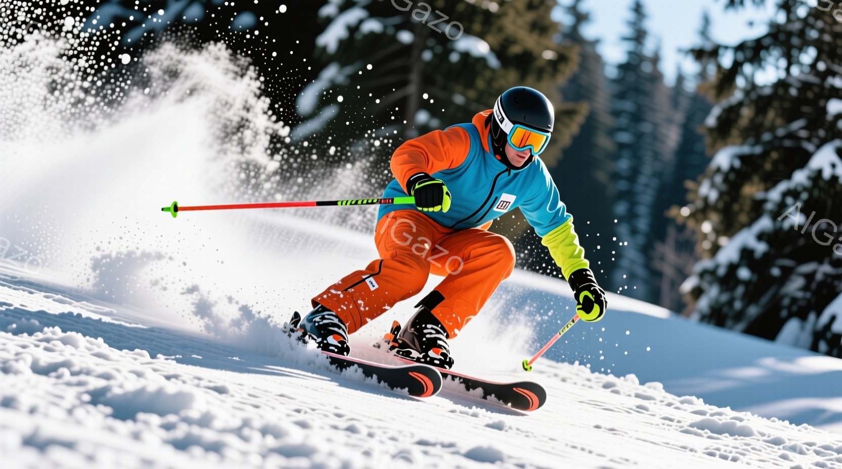 オレンジ色のスキーウェアと黒のヘルメットを着用したスキーヤーが、雪上を力強く滑走している様子が捉えられている。彼の姿勢は低く、膝を曲げ、スピード感があり、雪が舞い上がって視覚的な躍動感を高めている。背景には雪に覆われた木々と白い空が広がり、冬の澄んだ空気と爽やかな景色を感じさせる。