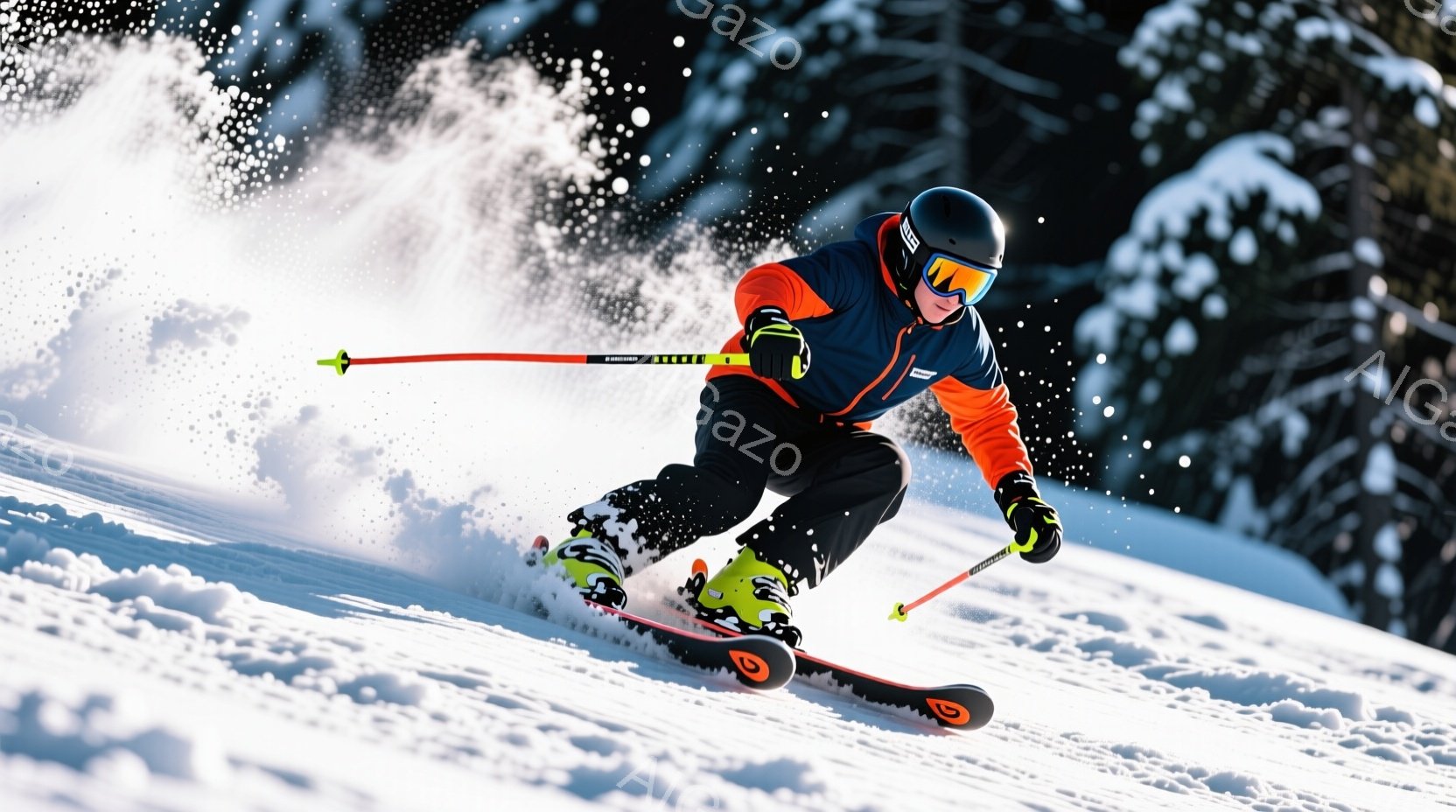 スキーヤーが雪山を高速で滑走している様子が捉えられています。彼は黒、オレンジ、黄色のスキーウェア、ヘルメット、ゴーグルを着用し、滑走に集中した表情をしています。背景は雪景色で、晴天の空と雪に覆われた木 - AI生成フリー素材