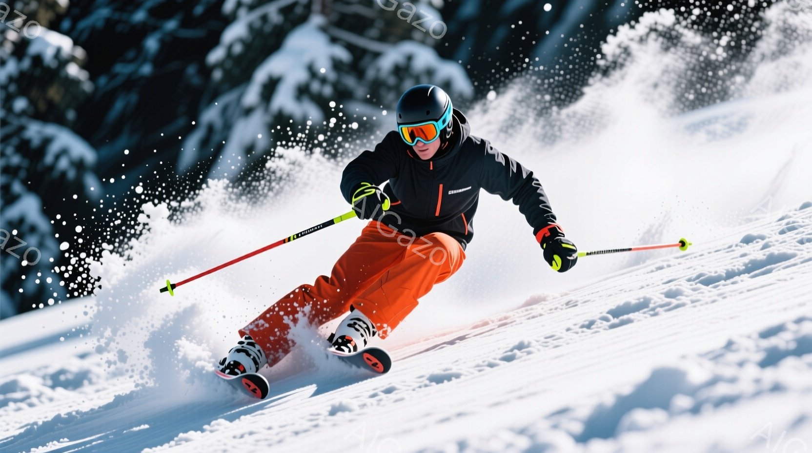 オレンジ色のスキーウェアと黒いヘルメット、ゴーグルを着用した男性が、雪山を高速で滑走している。彼は前傾姿勢で、両腕を前に伸ばし、バランスを取りながら滑っている様子が伺える。背景には雪が舞い、白銀の世界が広がり、躍動感と爽快感溢れる冬の風景が描かれている。