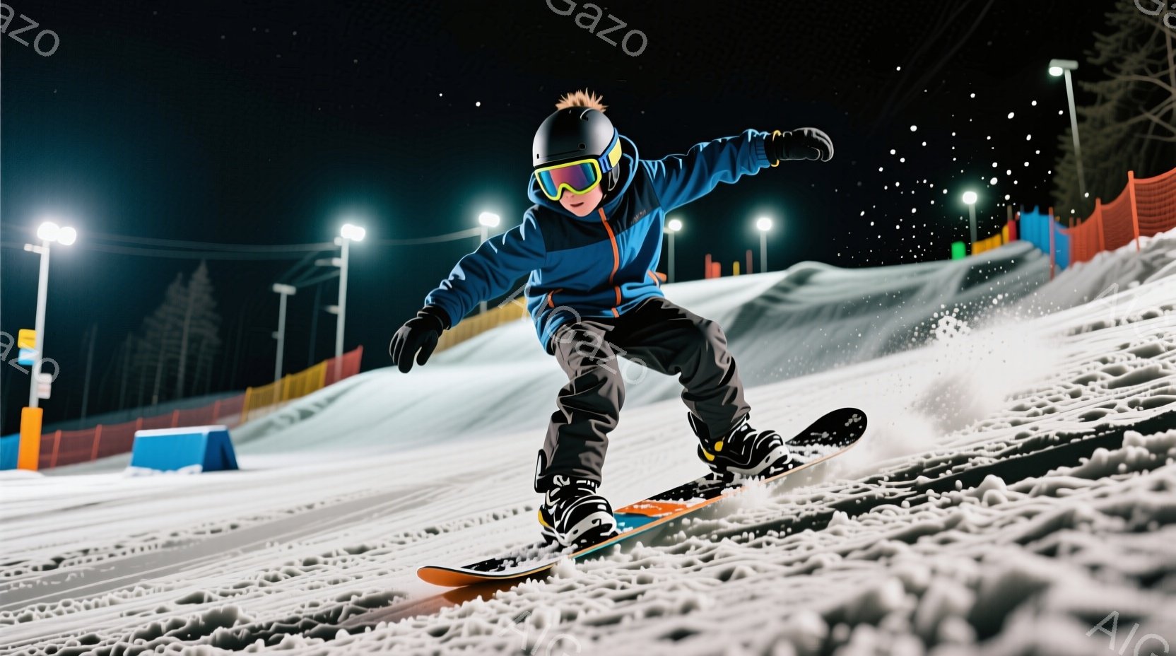スノーボードをする少年が写っている。青いジャケットと黒いズボンを着用し、ヘルメットとゴーグルで頭部を保護している。背景には雪景色が広がり、夜間照明によって照らされたスノーボードコースで、少年は勢いよく滑走している。