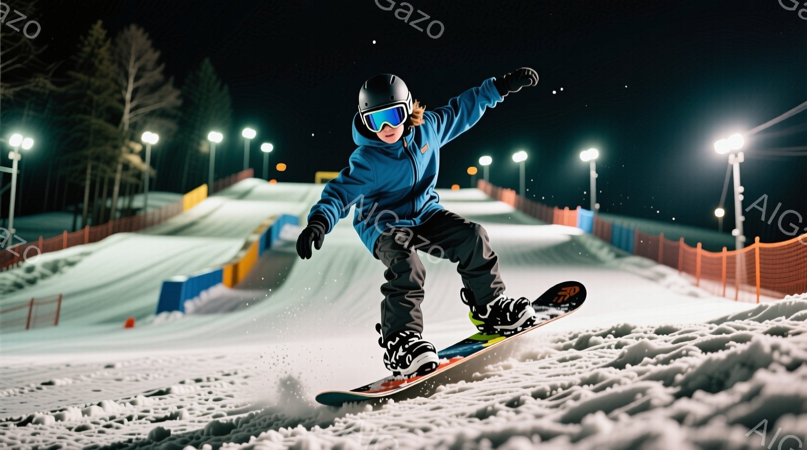 スノーボードをする少年が写っている。彼は、青いジャケット、黒いズボン、ヘルメットとゴーグルを身に着けており、空中でボードに乗ってトリックを行っている。背景には雪の斜面、オレンジ色のフェンス、そして夜空に輝く照明が確認でき、エネルギッシュで冬の雰囲気が漂う。