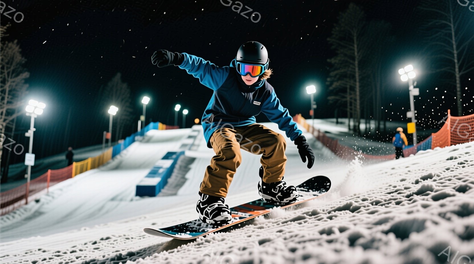 スノーボードをする男性が写っており、濃い青色のジャケットと茶色のズボンを着用し、黒いヘルメットとゴーグルで頭部を保護しています。彼はスノーボードの上で膝を曲げ、腕を広げたダイナミックな姿勢で滑走しており、夜間のスキー場でスポットライトが照らされた雪上コースを背景にしています。周囲にはオレンジ色のネットのフェンスや遠くの木々が見え、雪が舞う夜の雰囲気を感じさせます。