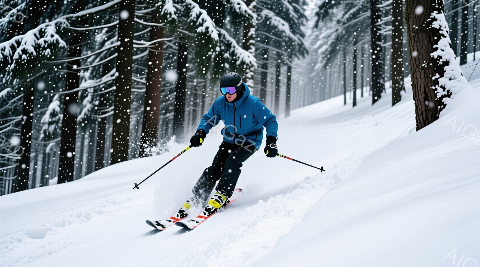 スキーヤーが下山をする中で、雪が舞い上げられています。彼は青地のスキーウェアを着ており、ピンクラインによって目立つ。表情は集中しているようで、体姿はゆっくりと下山する様子。背景は雪の日本カエデが絶えず見え、全体的に冬のスキー場の雰囲気があります。