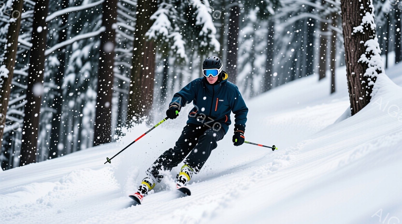 雪山をスキーで滑走する男性が写っている。彼は黒のスキーウェアに、オレンジと黄色のラインが入ったデザインで、ヘルメットとゴーグルを着用し、スピード感のある姿勢で斜面を下っている。背景は雪に覆われた森林で - AI生成フリー素材