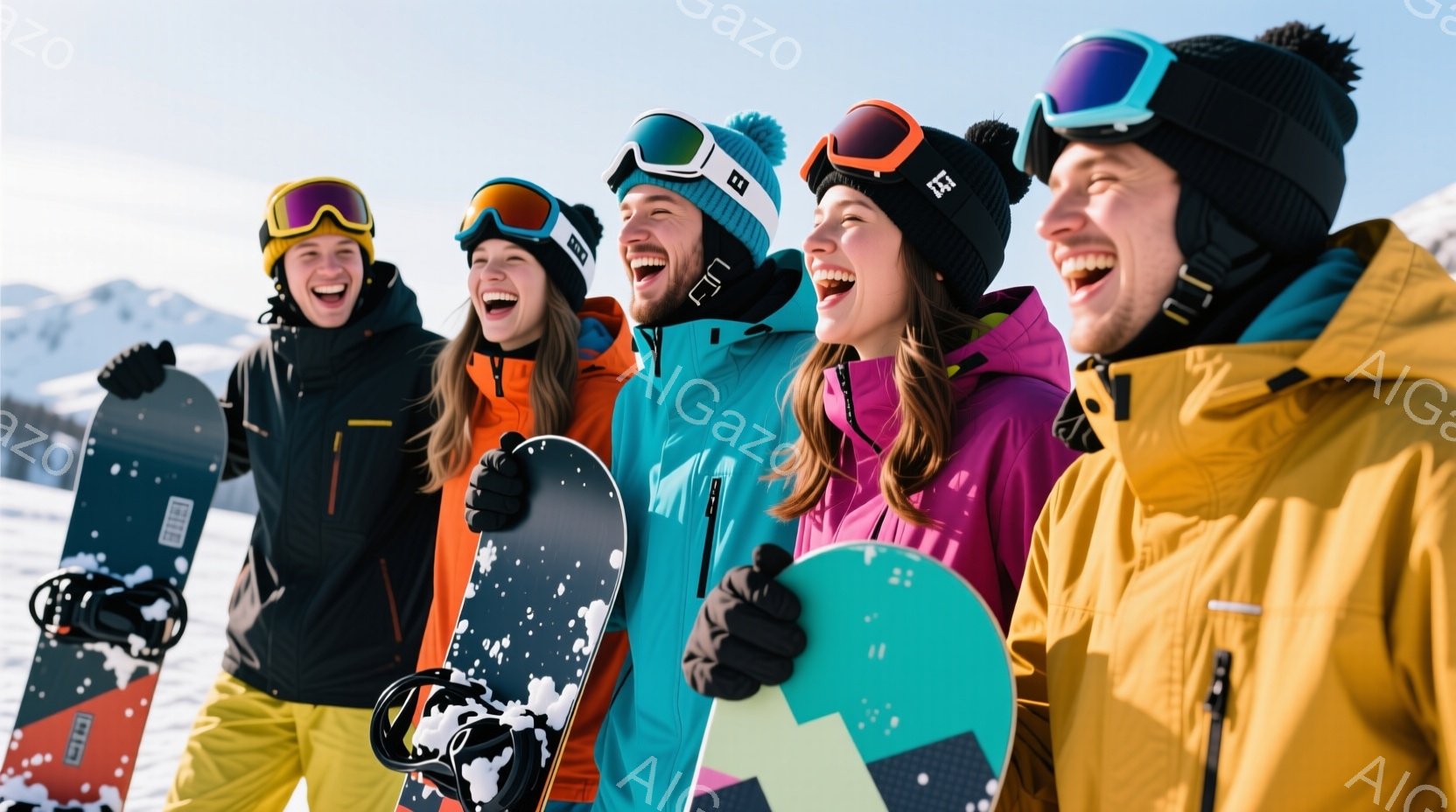 雪山を背景に、スノーボードを持った5人の若者が写っている。彼らは鮮やかな色のウィンタースポーツウェアを着ており、ニット帽やゴーグルで身を包んでいる。皆、満面の笑みを浮かべ、楽しげな雰囲気が伝わってくる - AI生成フリー素材