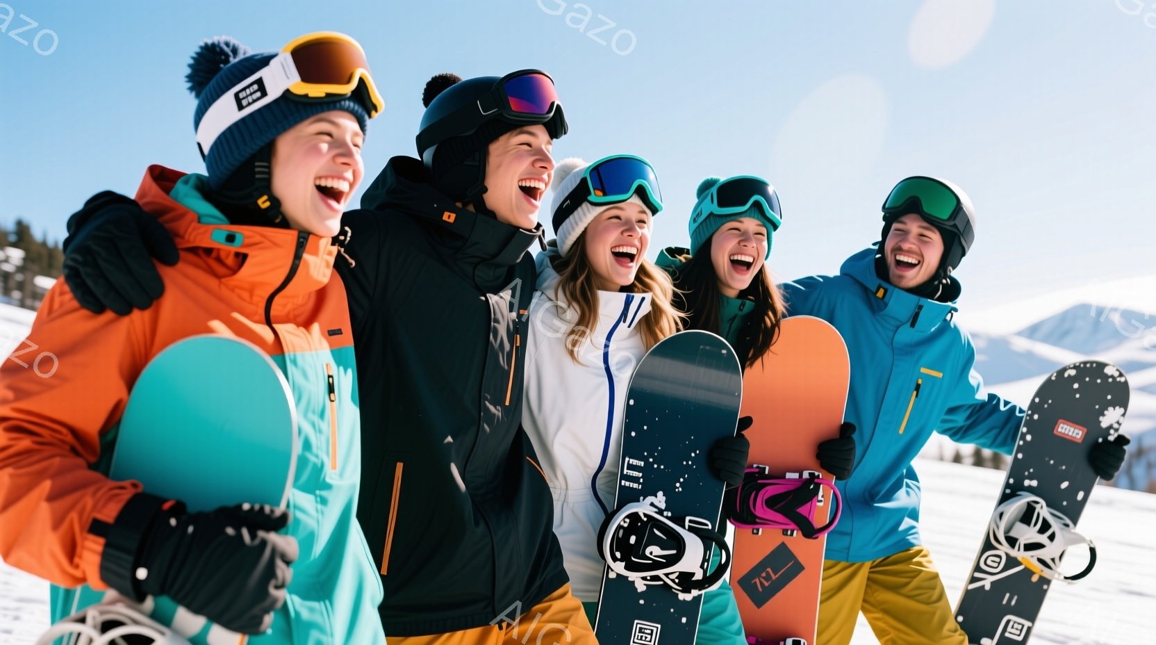 雪山を背景に、スノーボードを楽しむ若い男女５人が写っている。彼らはカラフルなスノーボードウェアとゴーグルを着用し、満面の笑みを浮かべている。背景には雪に覆われた山々と青空が広がり、晴天の下でアクティブ - AI生成フリー素材