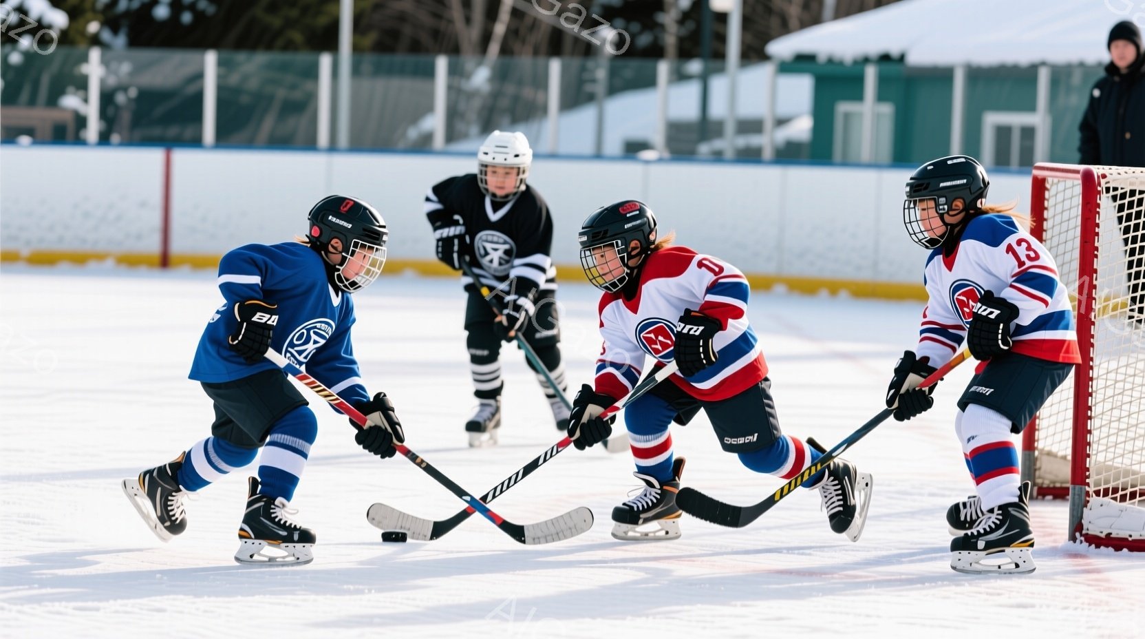 氷上ホッケーの試合中の様子が写っている。青、赤、黒のユニフォームを着た少年たちが、スティックを構え、ゴールに向かって競い合っている。背景には白い雪景色と木々が見え、冬の寒々しいながらも活気のある雰囲気が漂っている。