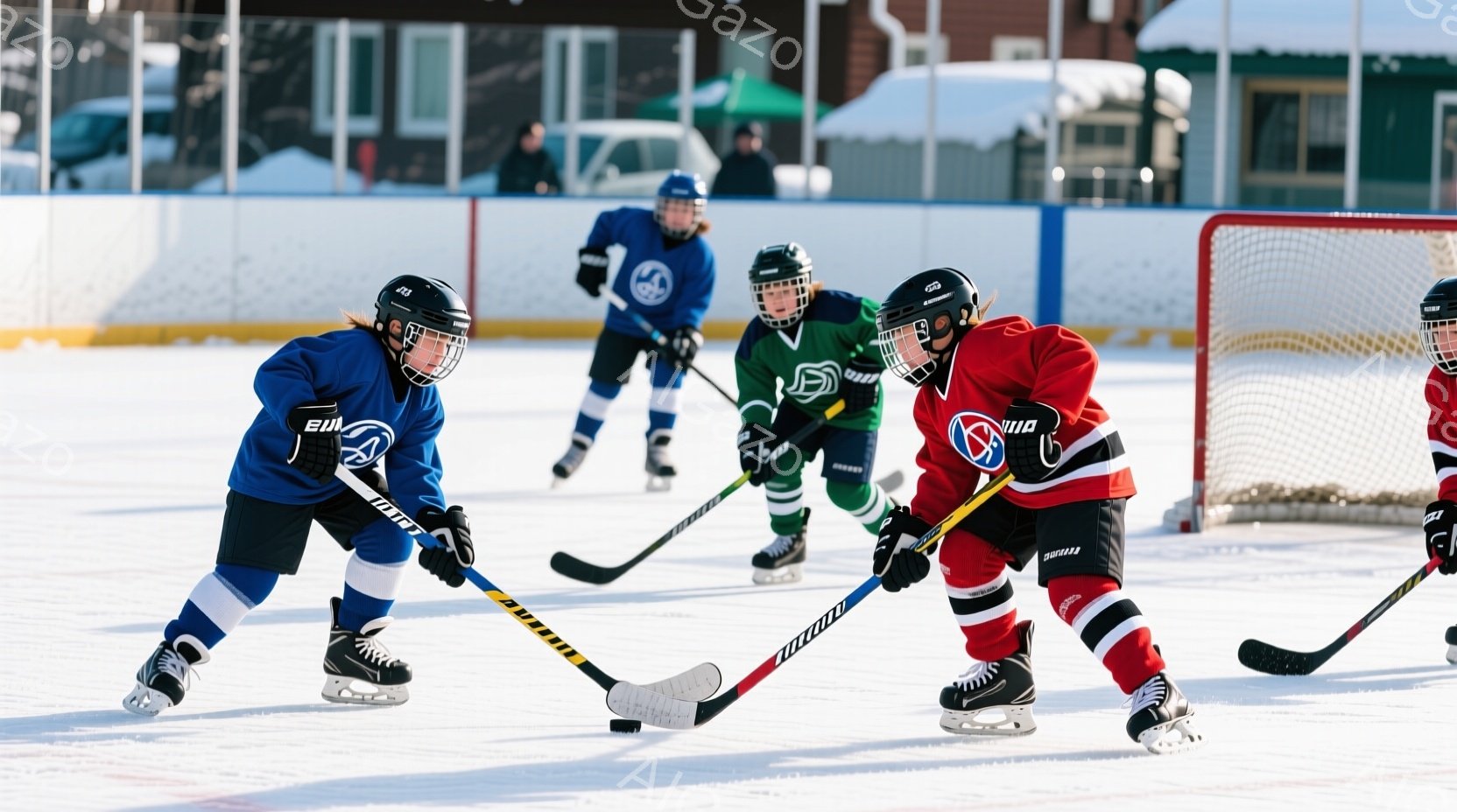氷上のホッケーの試合の様子が写っています。青と赤のユニフォームを着た選手たちが、スティックを構え、対峙しています。背景には木造の建物が見え、雪景色が広がり、冷たい冬の日の活気ある雰囲気が伝わってきます。
