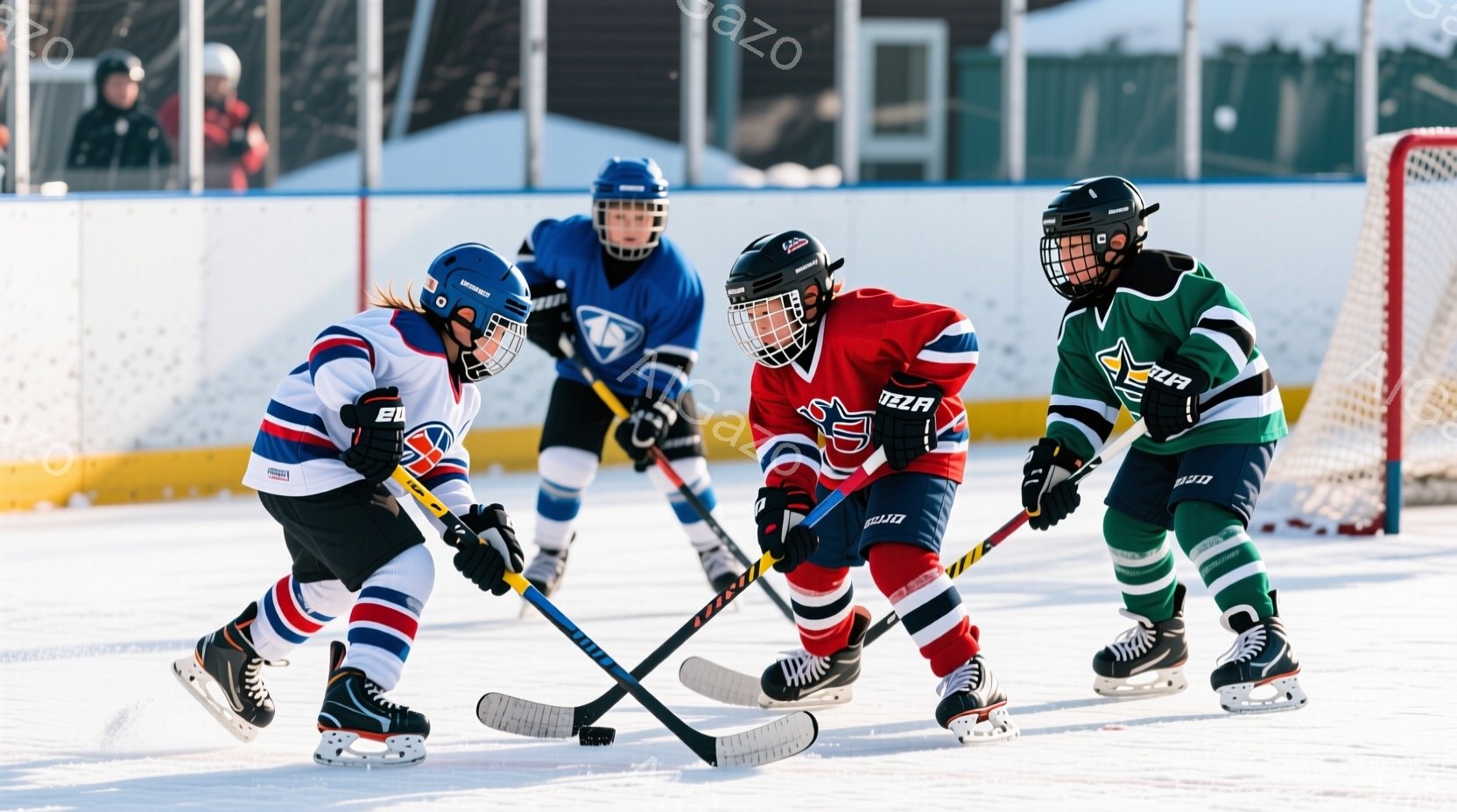 リンク上でアイスホッケーをする少年たちが写っています。彼らはそれぞれ青、赤、緑のチームのユニフォームとヘルメットを着用し、スティックを持ってパックを巡って競い合っています。背景には観客席のような建物が見え、雪景色が広がり、晴れた日の屋外での活気あるアイスホッケーの試合の雰囲気が伝わってきます。