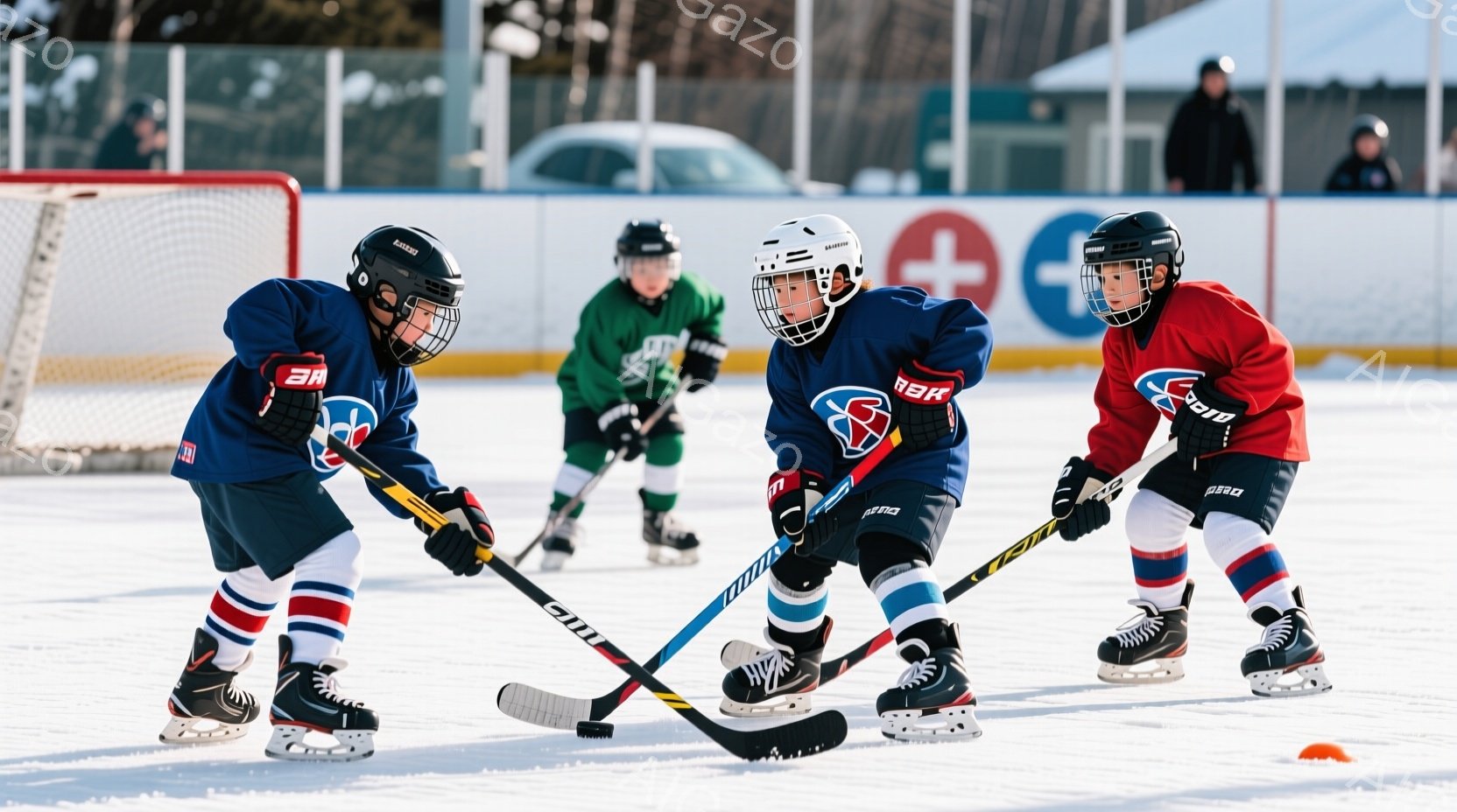 インランド・アイスホッケー選手たちが試合を行っているシーンを捉えたものです。選手たちは、各自が所有するヘルメットを着用しており、それぞれのチームによって指定された色のユニフォームを着用しています。選手たちは、インランドの国旗の代表色である白とオレンジのチャームに覆われています。彼らは、対戦する相手のゴールを見つめているようで、競争の旨さが感じられます。そして、試合中には選手たちが応援するファンが周りにおり、アイスホッケーの試合を盛り上げる雰囲気を感じられます。