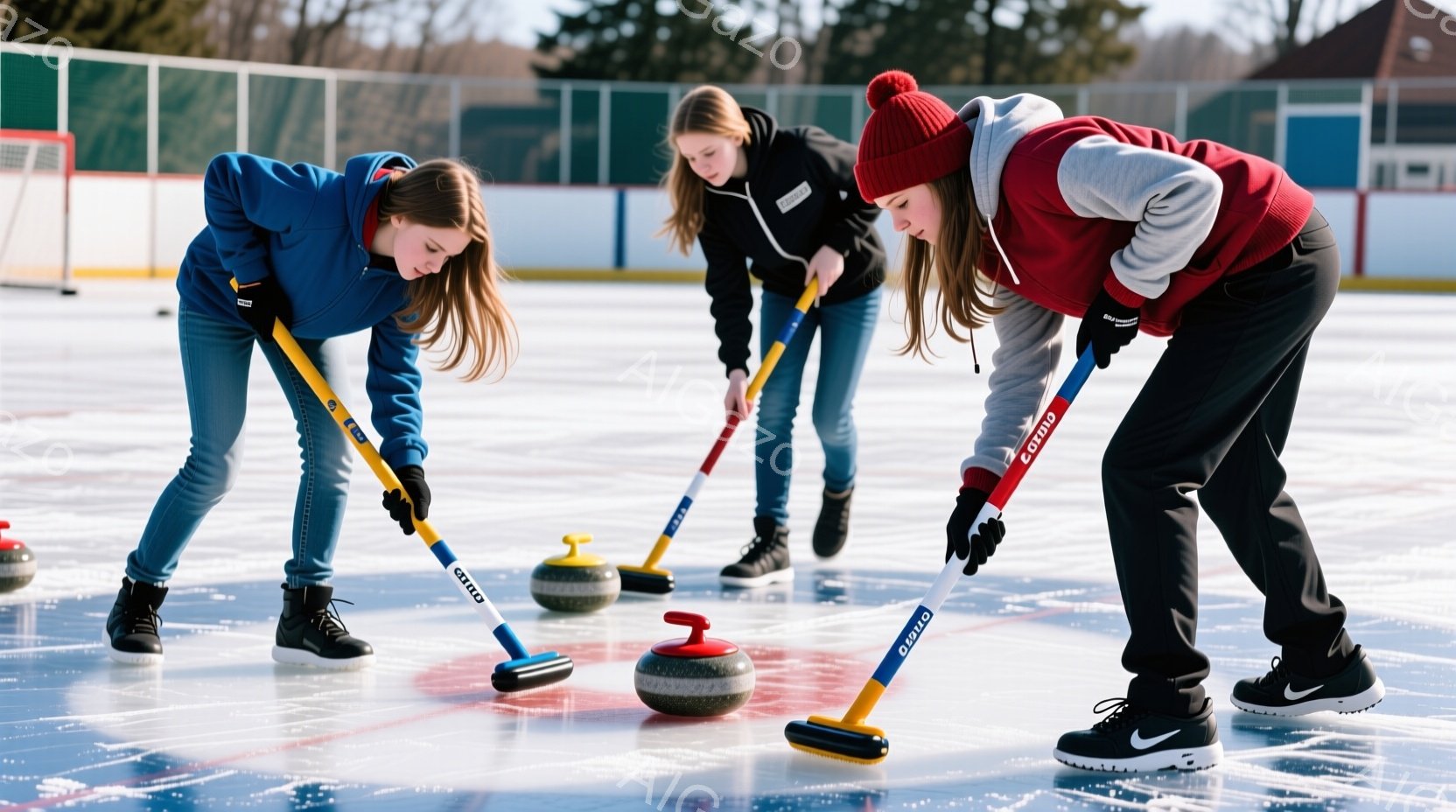 3人の若い女性がアイスホッケーのリンクでカーリングをしている様子が写っている。彼女たちはそれぞれ青、白、赤の異なる色のジャケットを着用し、デニムジーンズを合わせている。背景には、青空の下、木々が見える建物があり、晴れた暖かい日の活動的な雰囲気が漂っている。