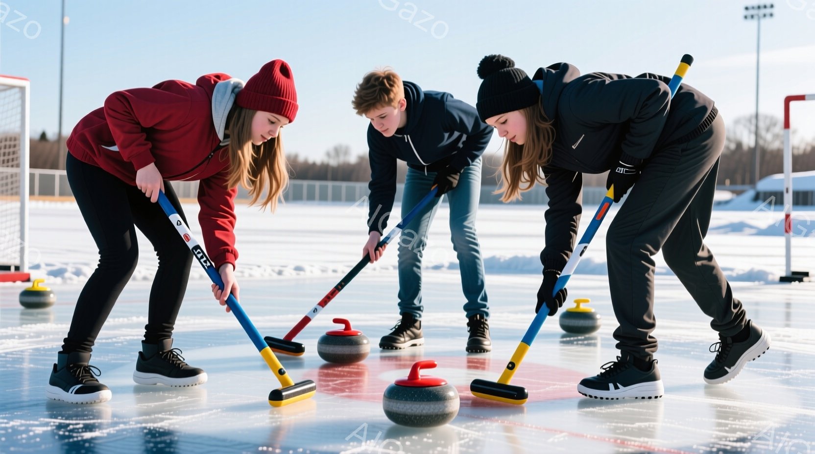 氷上で行われているカーリングの様子が写っています。3人の若者は、カーリングストーンに向けてスイーパーとして姿勢を低くし、競技に集中しています。背景には雪景色が広がり、晴天の下、氷のリンクが広がる冬の日の光景です。