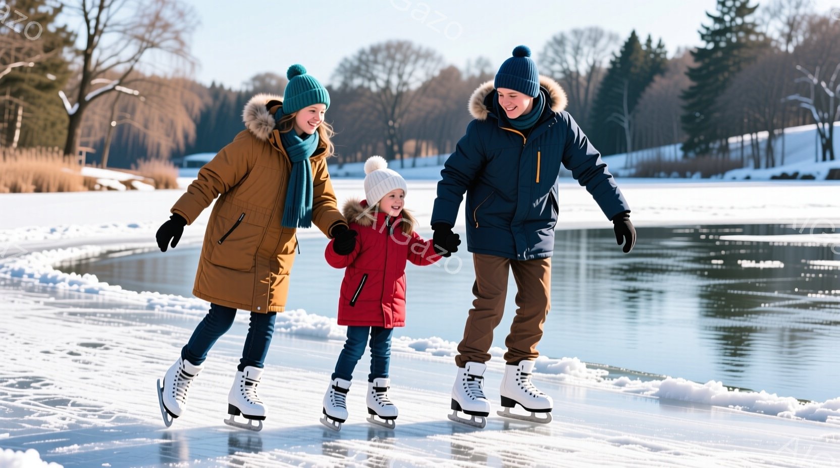 三人の人物が描かれており、全員スキー靴を履いていることがわかります。それぞれの服装は異なり、その中でも特に女性の赤色の髪型が目立つでしょう。全体として、家族が冬のスキー活動を楽しむ場面を捉えたものであり、親子三代の一家が集まっている雰囲気が感じられます。背景は湖や池という自然的な環境であり、天候は晴れた日に出できると思われます。
