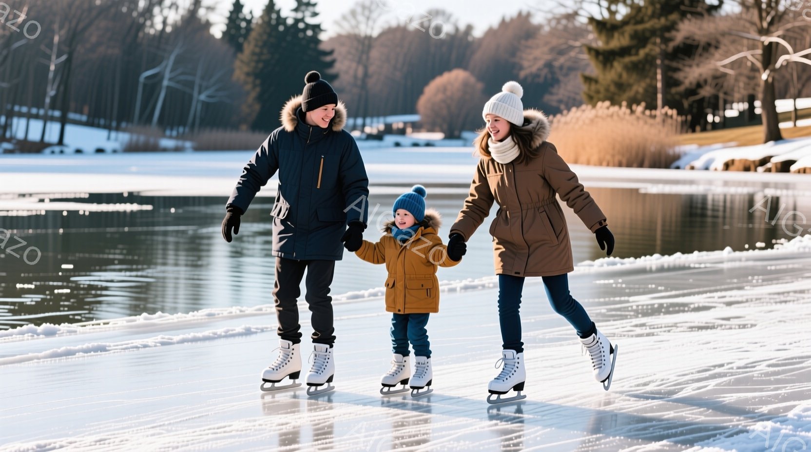 凍った湖の上を、父、母、そして子供が手をつないでスケートを楽しんでいます。家族は皆、防寒性の高い冬のコートと帽子を着用し、スケート靴を履いており、笑顔で楽しんでいる様子が伺えます。背景には木々が立ち並び、晴れた冬空の下、穏やかな雰囲気が漂っています。
