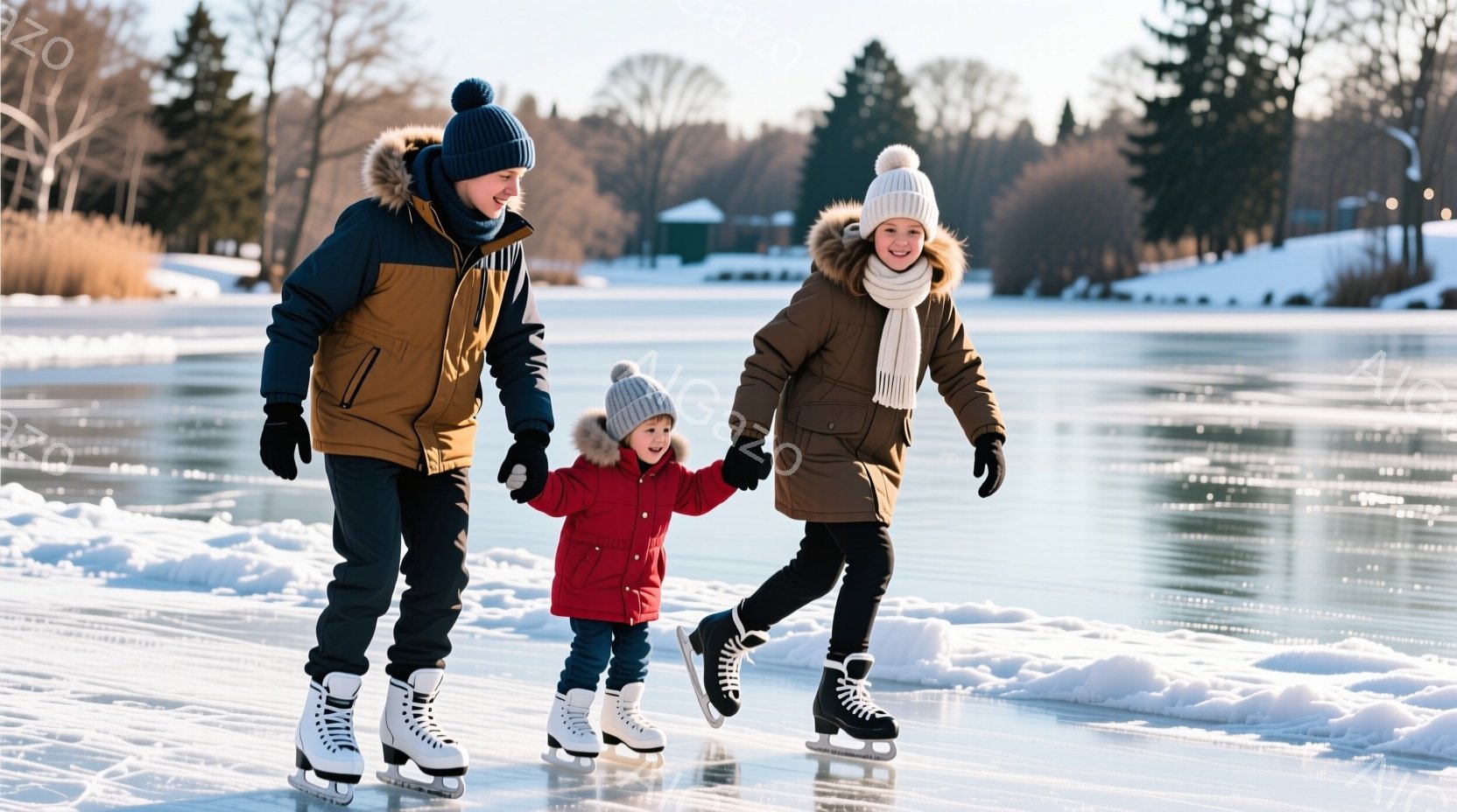 家族が凍った湖の上でスケートを楽しんでいます。父親は紺色のズボンにオレンジ色のジャケット、母親はベージュ色のジャケットにマフラーを巻いています。子どもは赤いジャケットを着て、両親に手を繋がれながら、笑顔で滑っています。