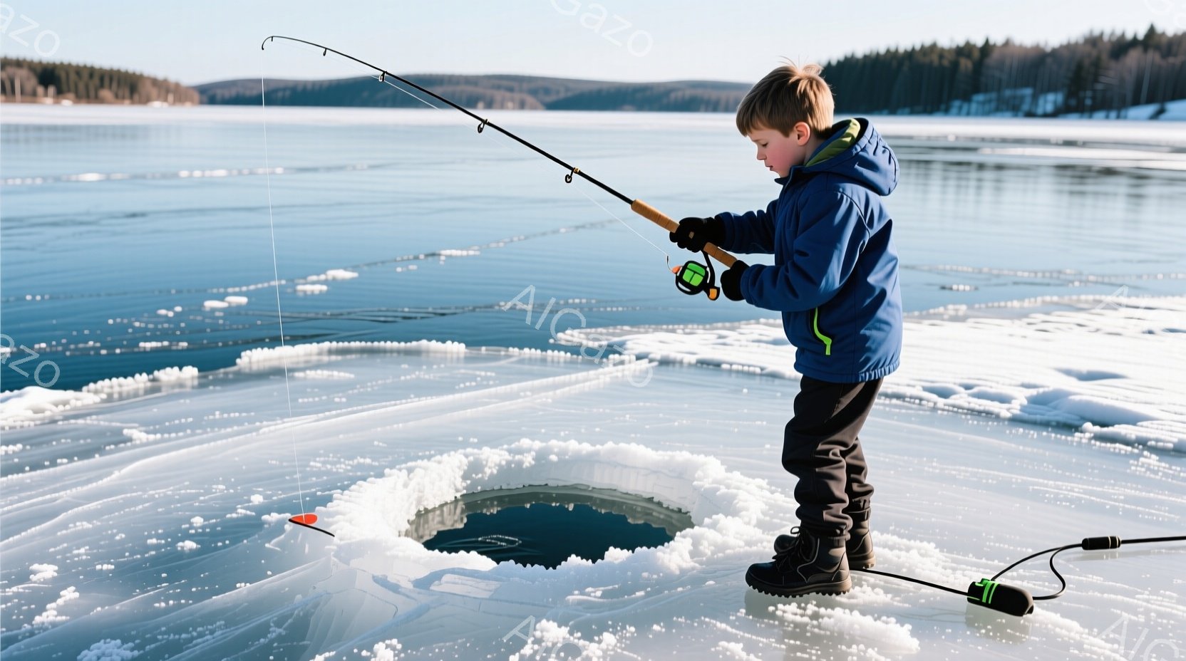 少年は凍った湖の氷に開いた穴のそばに立ち、釣りをしている。彼は濃い青色のパーカー、黒いズボン、そして黒いブーツを着用し、冬の寒さから身を守っている。背景には雪に覆われた森林が広がり、晴れた冬空の下、静かで穏やかな雰囲気が漂っている。