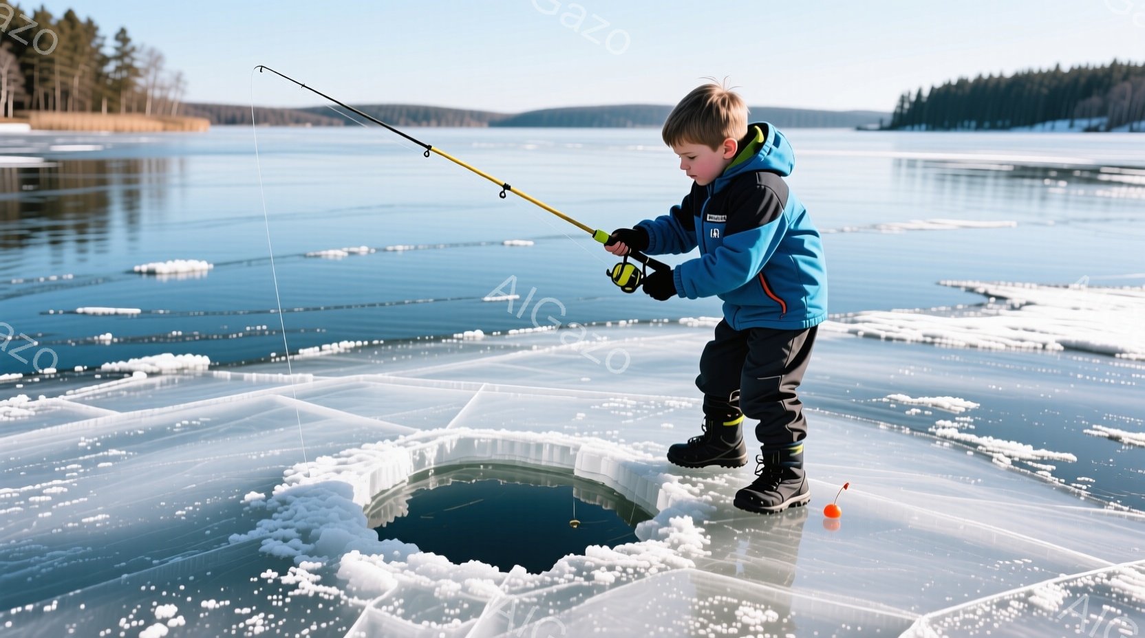 少年が凍った湖の氷の穴のそばに立って釣り糸を操っている。彼は濃い青色のジャケット、黒いズボン、そして黒いブーツを身に着け、髪は短く整えられている。背景には雪景色が広がり、遠くには木々が見え、全体的に静かで冬らしい雰囲気が漂っている。