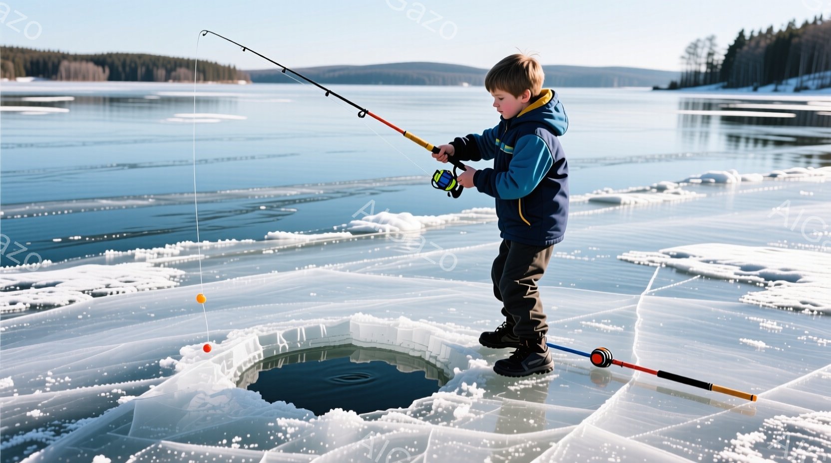 少年は凍った湖の氷の穴の横に立ち、釣りをしている。彼は濃い青色のジャケット、黒いズボン、黒いブーツを履いており、短く刈り込んだ髪をしている。背景には、雪をまとった木々や穏やかな湖面が広がり、晴れた冬の - AI生成フリー素材