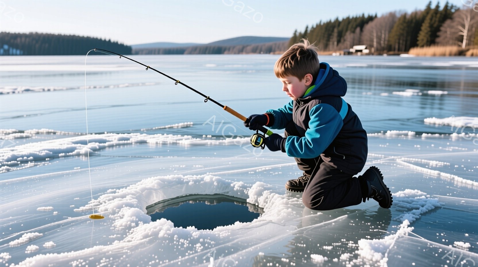 少年は凍った湖の氷の穴の前でひざまずいて釣り糸を操っている。彼は濃い青色のパーカーと黒いズボンを着用し、金髪を少し無造作にしている。背景には雪をまとった木々と、遠くに見える建物があり、晴れた冬の日の穏やかな雰囲気が漂っている。