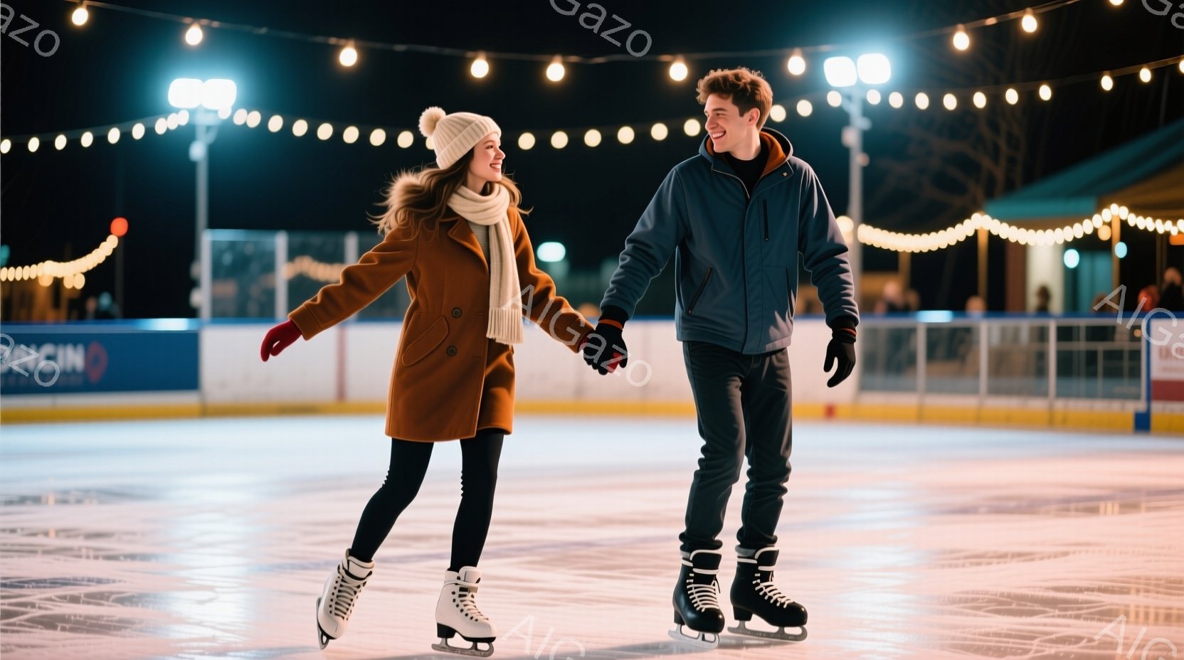 アイススケートリンクで若いカップルが手をつないでスケートを楽しんでいる。女性は赤いニット帽とキャメル色のコート、黒いレギンスを着用し、男性は濃い青のジャケットと黒いズボンを着用している。背景には、点灯された街灯とぼんやりとした建物が見え、冬の夜の温かくロマンチックな雰囲気を醸し出している。
