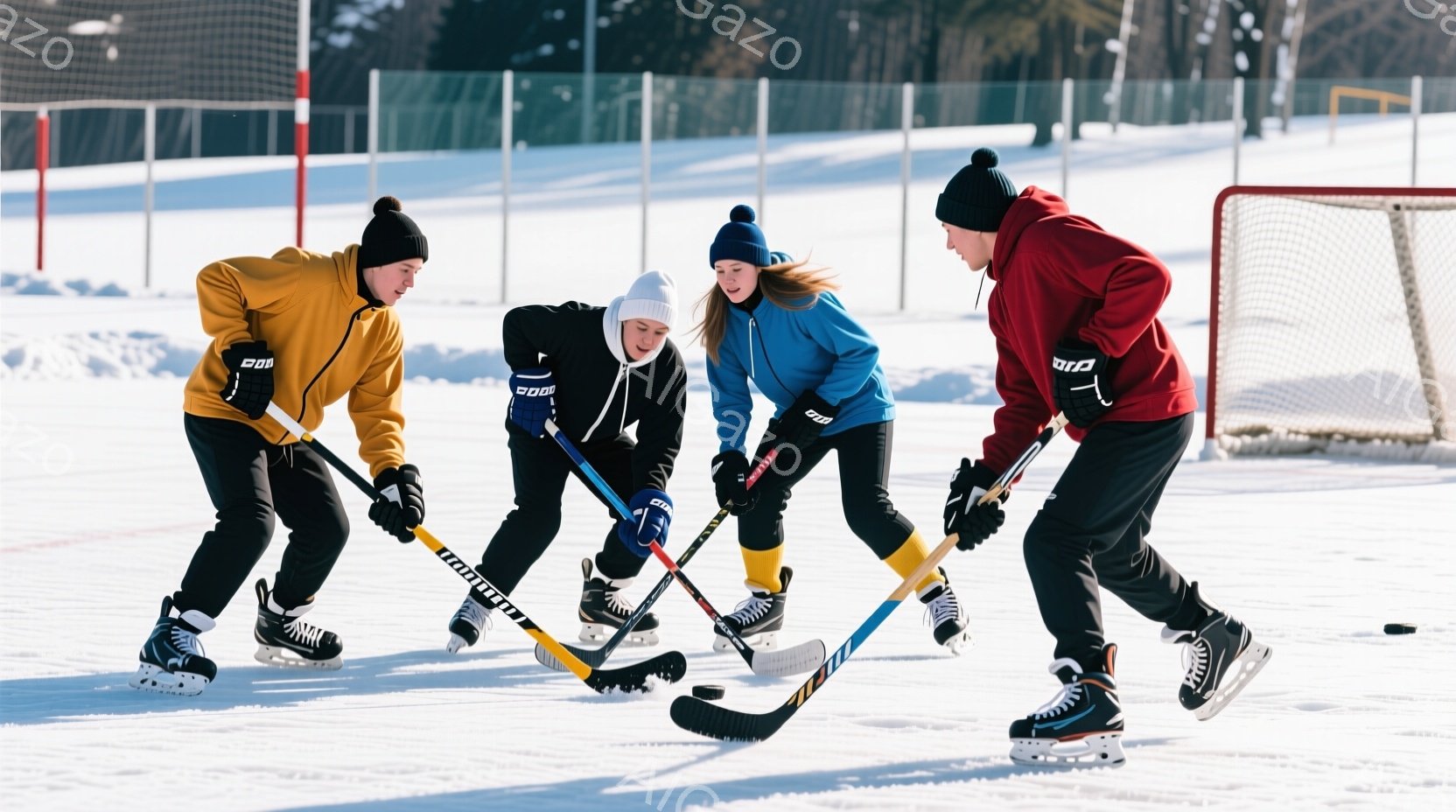 雪景色の中で、アイスホッケーをする4人の人物が写っている。彼らはそれぞれ黄色、黒、青、赤の防寒着を着用し、ヘアバンドやニット帽で頭を覆っている。全員がスケート靴を履き、ホッケーのスティックを握り、氷上のパックに向かって身を乗り出している。