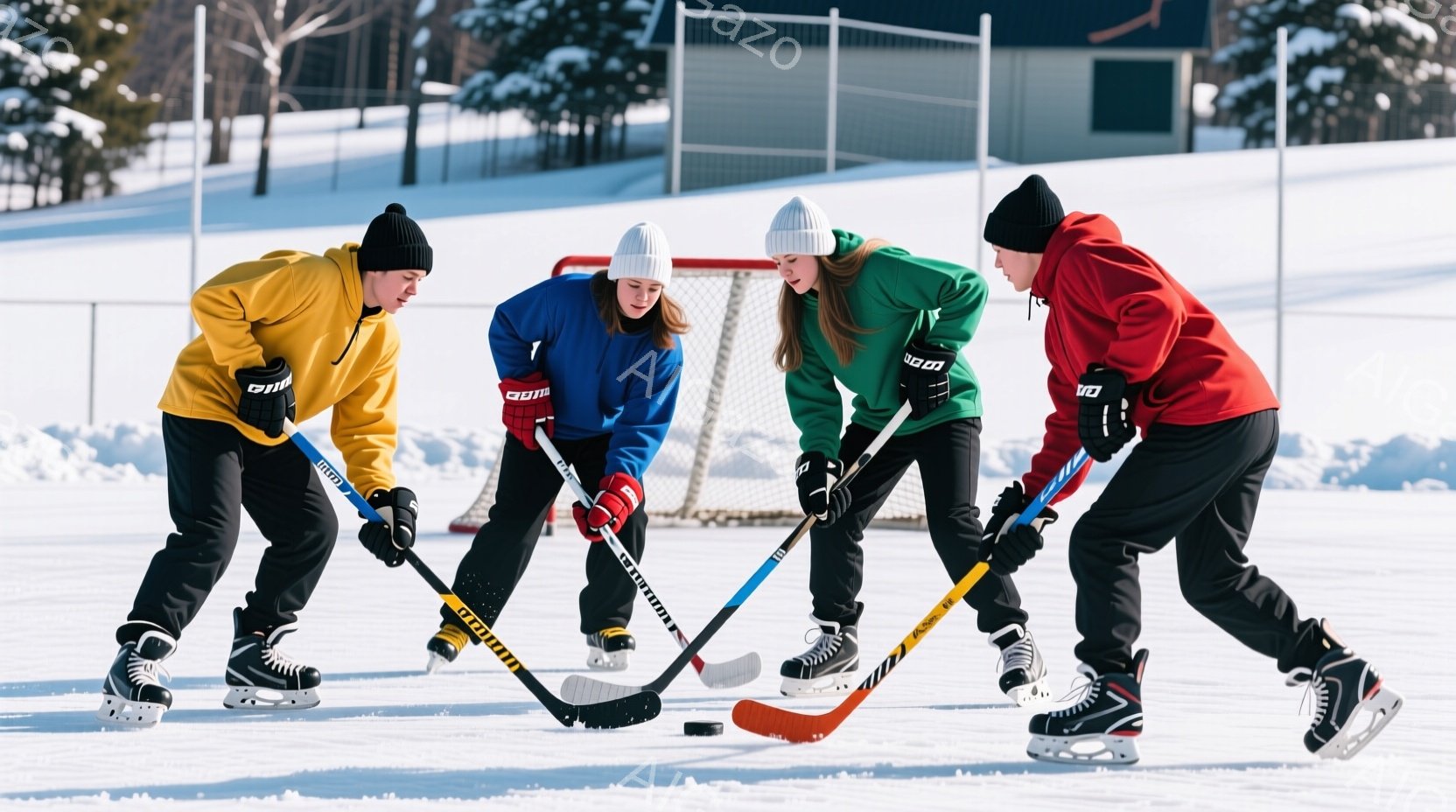 4人の若者がアイスホッケーの練習をしている様子が写っている。彼らはそれぞれ黄色、青、緑、赤の防寒着を着ており、黒いヘルメットとスケート靴を履いている。背景は雪景色で、遠くに建物が見え、晴れた冬の日の活気ある雰囲気が漂っている。