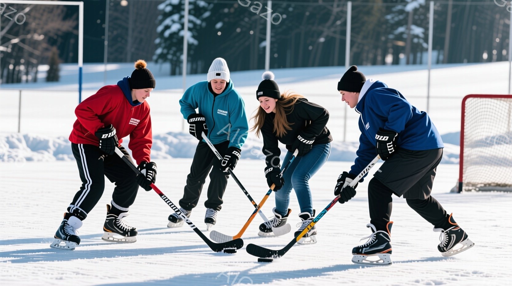 氷の上に四人の若者がアイスホッケーをしている様子が写っている。彼らはそれぞれ赤いジャケット、水色のジャケット、黒いジャケット、そして水色のジャケットを着用し、黒いズボンとアイススケートを履いている。背景には雪に覆われた木々や氷ホッケーのゴールネットが見え、晴れた冬の日の活気ある雰囲気が伝わってくる。