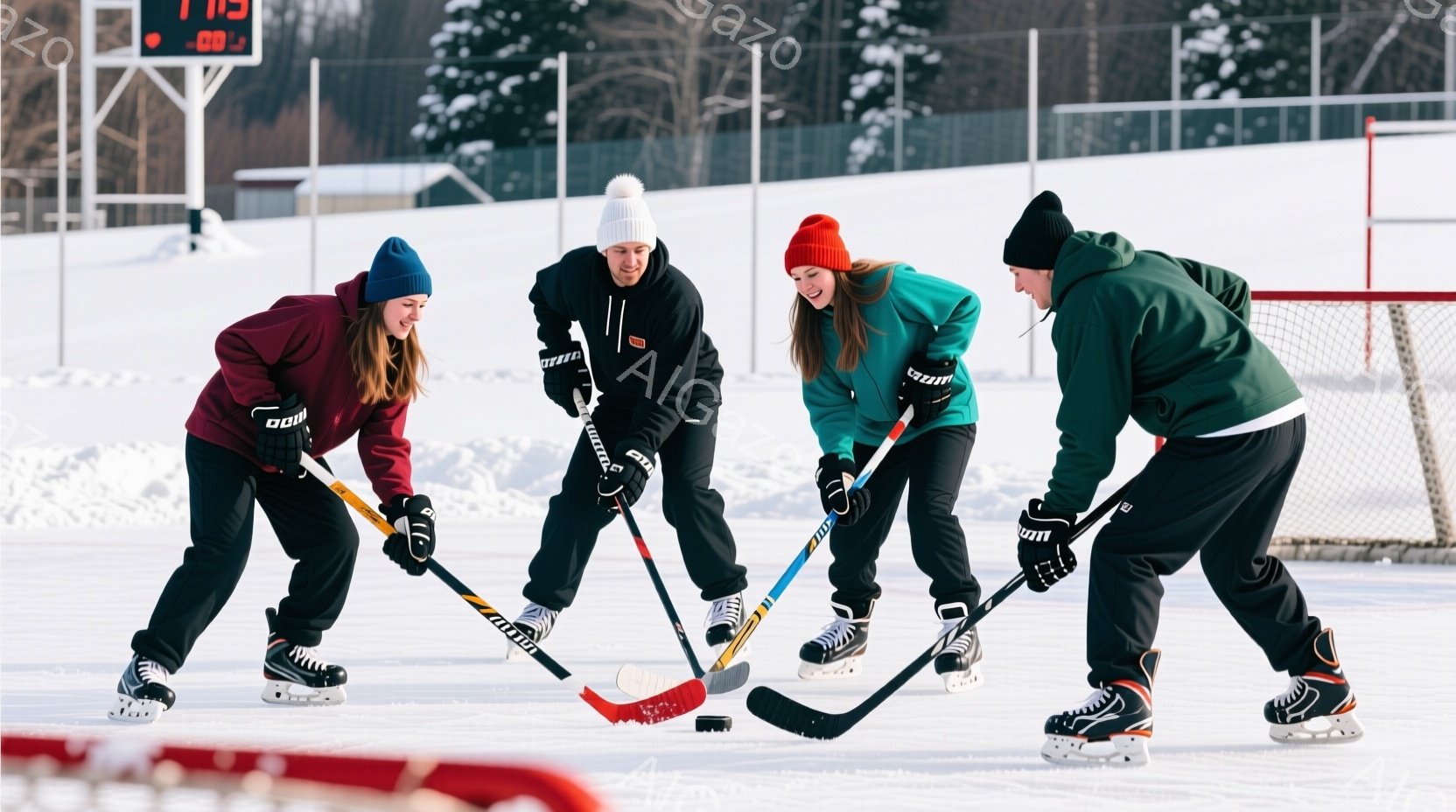 氷上でホッケーを楽しむ四人の若者が写っている。それぞれ赤い、黒、青、緑の防寒着に身を包み、黒いヘルメットまたはニット帽をかぶっている。背景は雪景色で、遠くには木々が見え、冷たく爽やかな冬の日の雰囲気が伝わってくる。