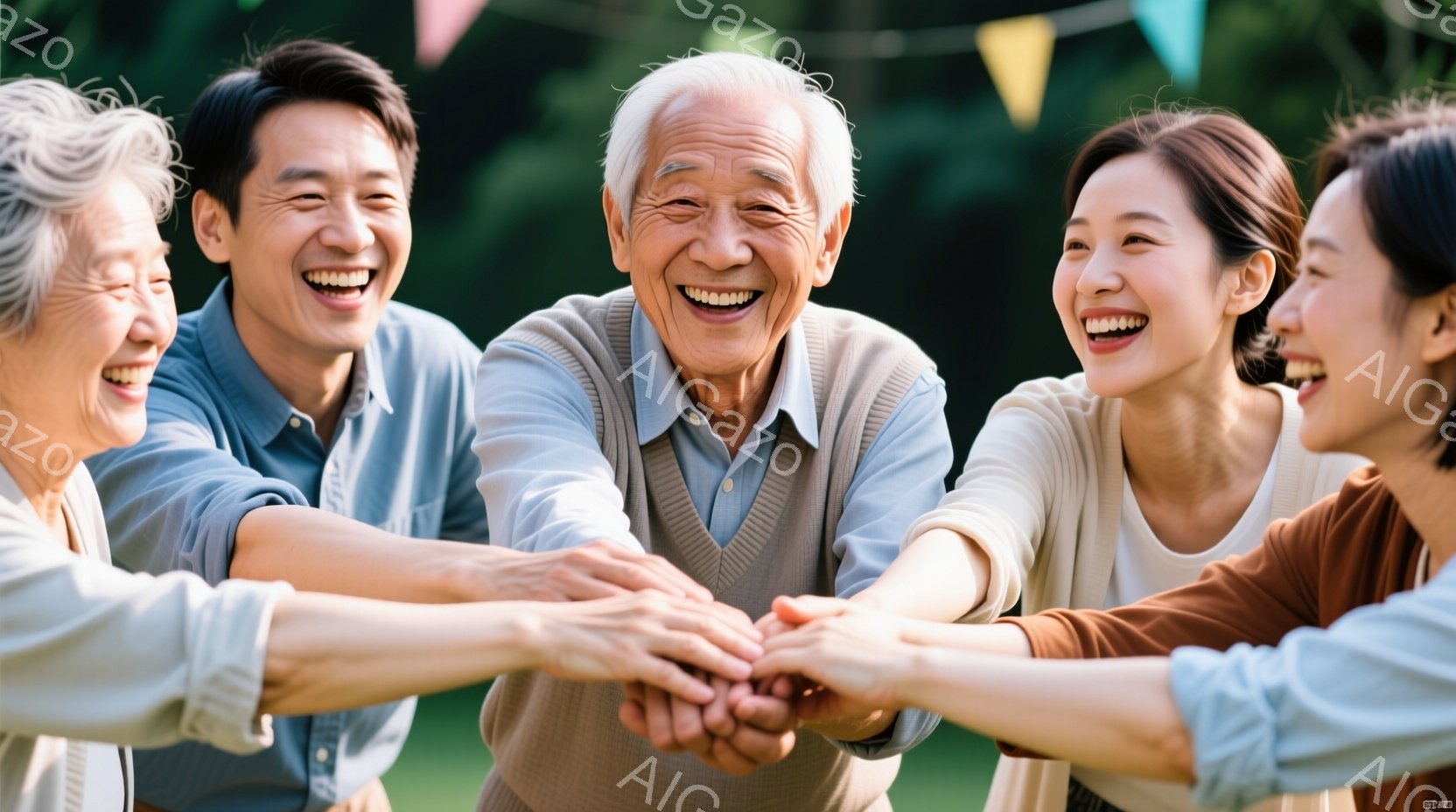 笑顔の女性と男性たちが円を組み、互いに手を重ねています。年配の男性は明るいベージュ色のセーターを着ており、他のメンバーはそれぞれ明るい色のシャツやブラウスを着ています。背景には緑豊かな自然とカラフルな旗がぼんやりと見え、全体的に温かく、幸せな雰囲気が漂っています。