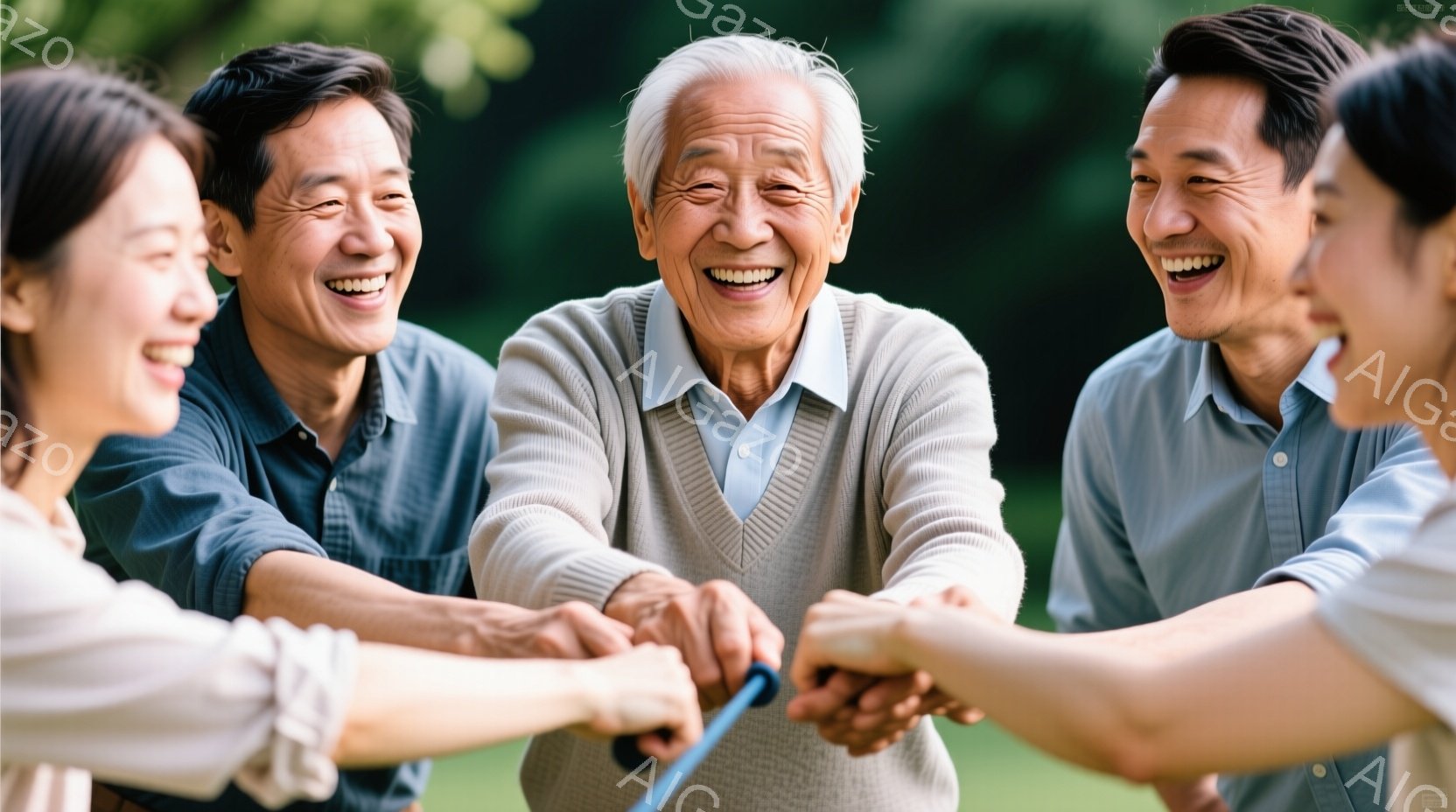 笑顔の高齢男性を中心に、若い男性と女性が手をつないで輪になっている写真です。高齢男性は薄いグレーのカーディガンを着ており、若い男性たちは青いシャツを着ています。背景には緑豊かな木々が見え、晴れた日の穏やかな雰囲気が伝わってきます。