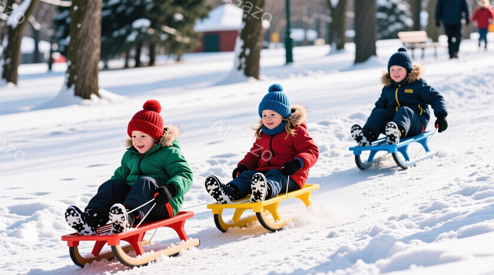 雪に覆われた屋外で、3人の子供たちがそりに乗って滑っています。子供たちはそれぞれ緑、赤、青の防寒着を着ており、頭にはポンポン付きの帽子をかぶっています。背景には木々や建物が見え、晴れた冬の日の穏やかな - AI生成フリー素材