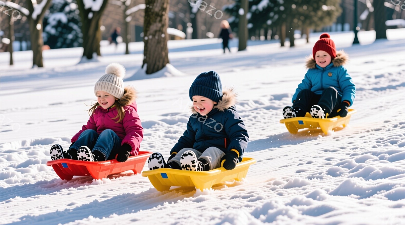 雪景色の中、３人の子供たちがソリに乗って楽しんでいます。ピンク、青、黄色のソリに乗り、それぞれが笑顔で、冬の寒さも忘れて喜びを表現しています。背景には雪に覆われた木々と、明るい日差しが差し込み、暖かく活気のある雰囲気が漂っています。