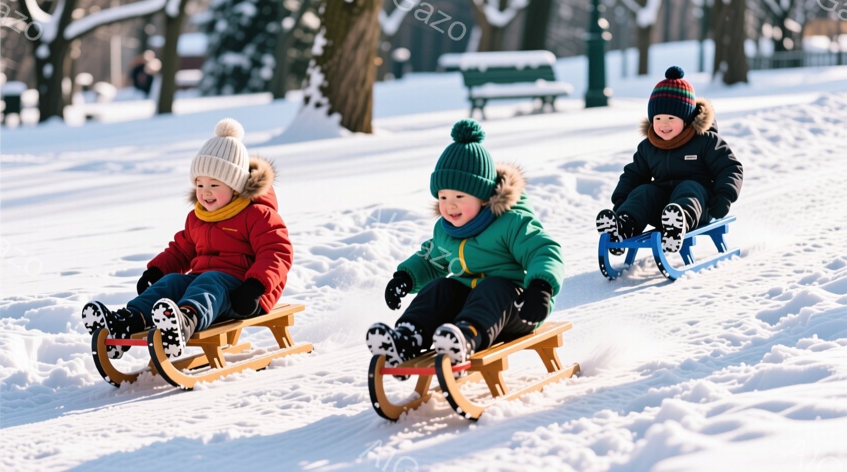 雪景色の中で、3人の子供たちがそりに乗って楽しんでいる様子が写っています。子供たちはそれぞれ赤い、緑、青の防寒着を着ており、頭にはポンポン付きの帽子をかぶっています。背景には雪で覆われた木々とベンチが見え、明るい日差しが冬の暖かさを感じさせます。