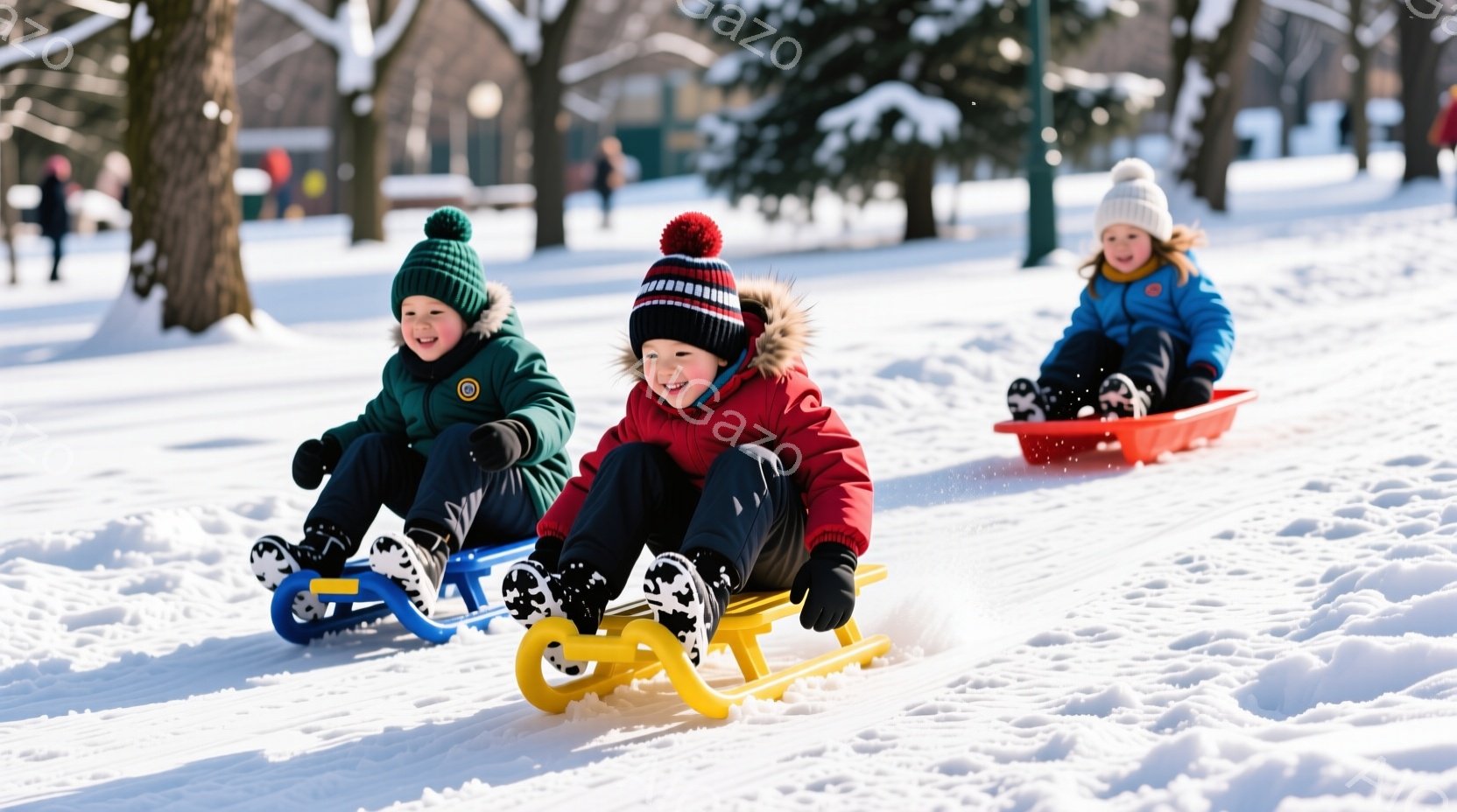 雪景色の中で、３人の子供たちがソリに乗って下りてくる様子が写っています。赤い帽子とジャケットを着た男の子は嬉しそうに笑顔を見せ、他の２人の子供もソリに乗って楽しんでいるようです。背景には雪に覆われた木 - AI生成フリー素材