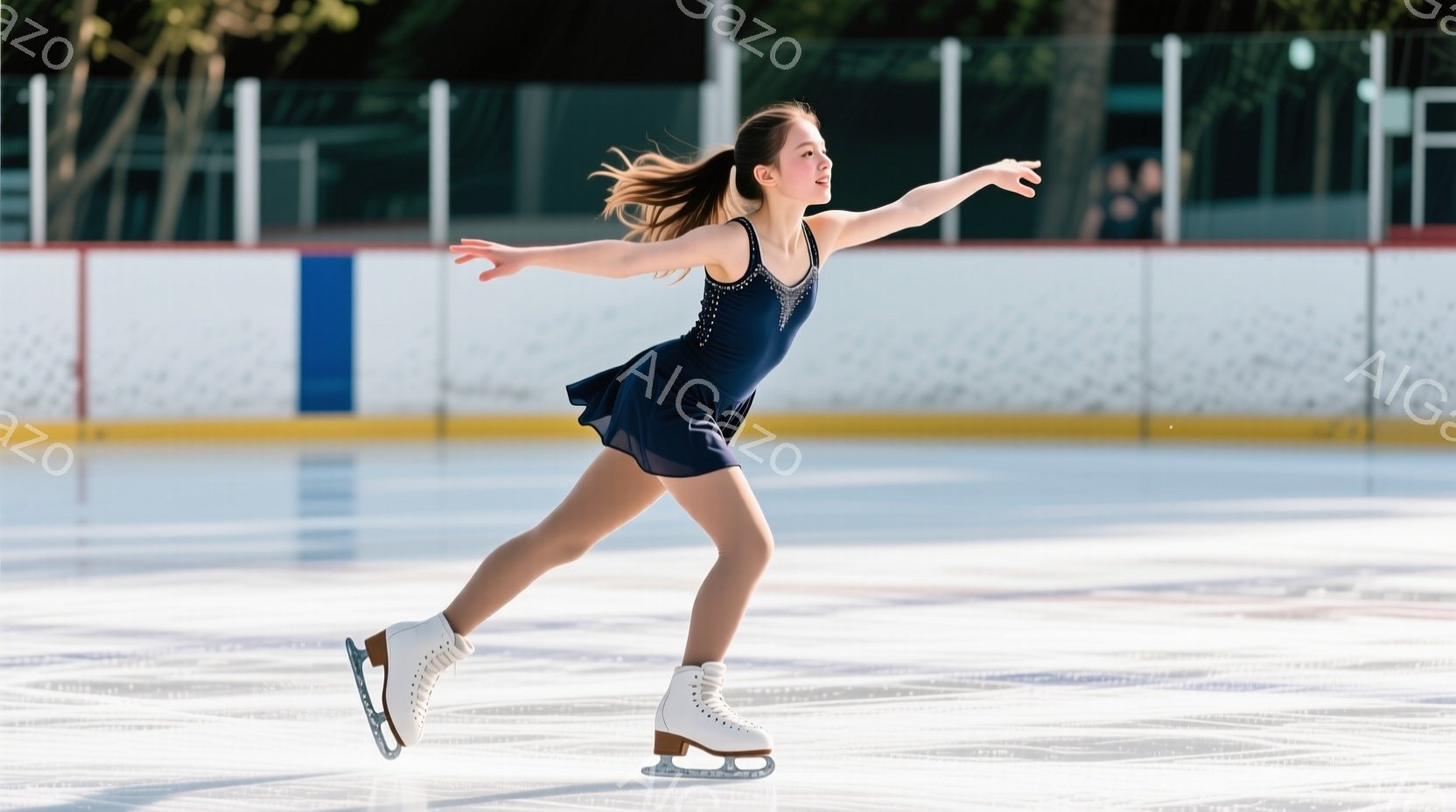 少女は青色のフィギュアスケート衣装を身につけ、氷上を滑走している。髪はポニーテールにされ、姿勢は優雅で、両腕を広げ、バランスを取りながら滑っている。背景にはスケートリンクの壁と、ぼんやりと木々が見え、晴れた日の穏やかな雰囲気が漂っている。