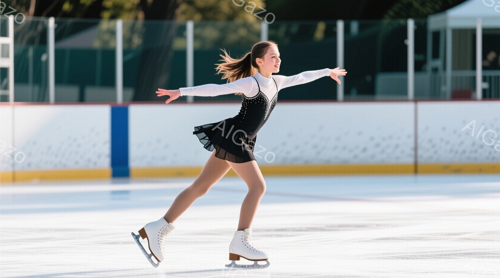 アイススケートをする少女が写っている。彼女は白い長袖シャツと黒のスカートを身につけ、白のスケート靴を履いている。背景にはスケートリンクの壁と、ぼやけた緑の木々が見え、晴れた日の屋外スケートの雰囲気が漂っている。