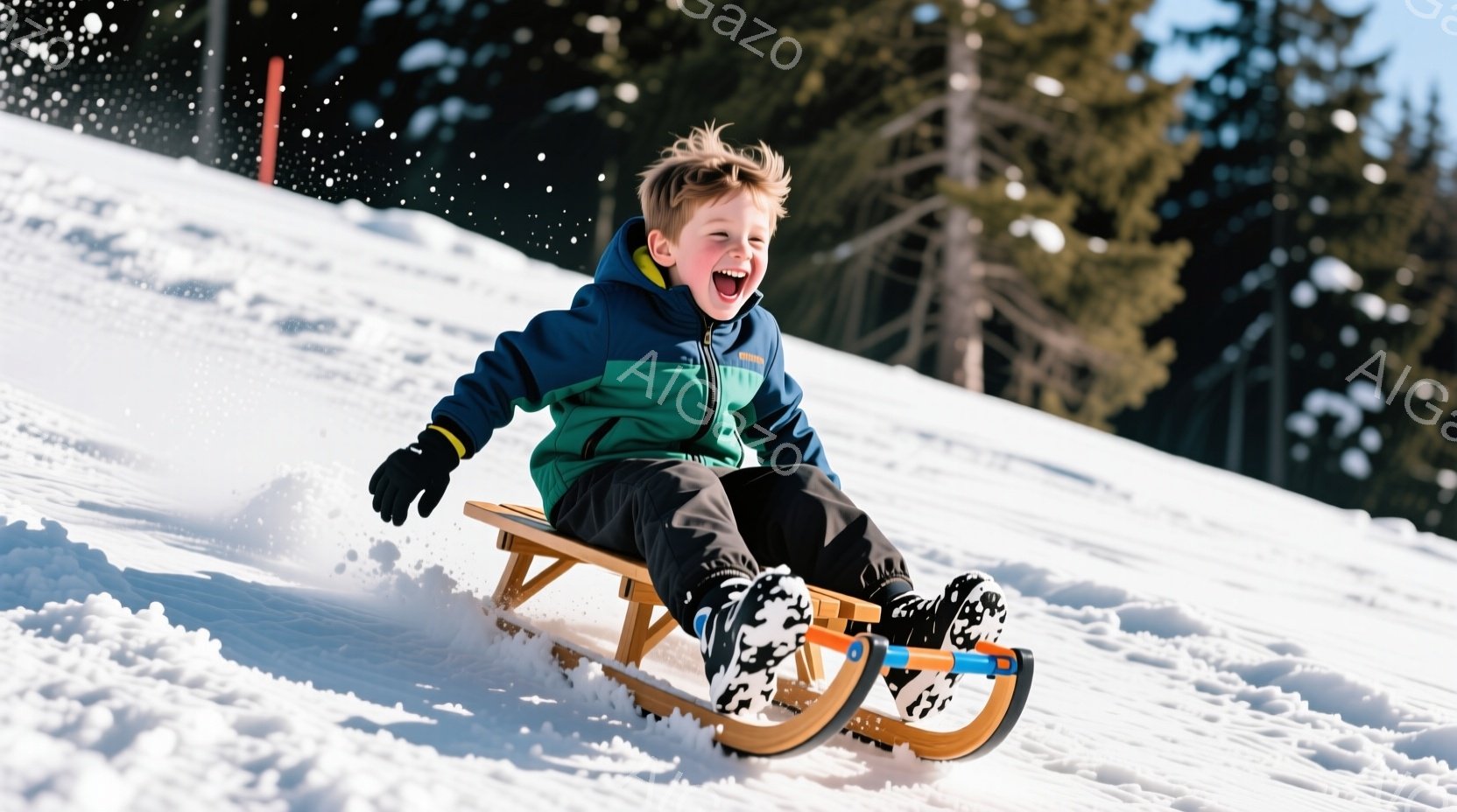 雪の上をそりに乗って楽しそうに滑っている少年が写っています。彼は緑と黒のジャケット、黒いズボン、そして雪柄のブーツを着用し、茶色の髪は少しぼさぼさとしています。背景には雪で覆われた木々と晴れた空が広が - AI生成フリー素材