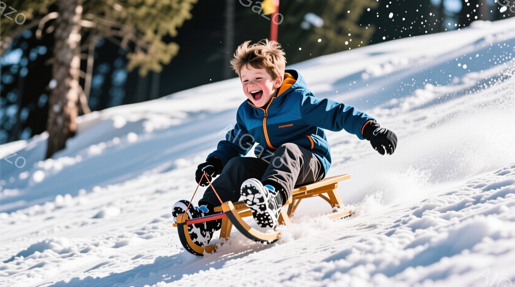 雪の上をそりに乗って下っている少年が写っています。彼はオレンジと黒のジャケット、黒いズボン、雪柄のブーツを着用し、明るい笑顔を浮かべています。背景は雪に覆われた森林で、天候は晴れており、全体的に楽しげ - AI生成フリー素材