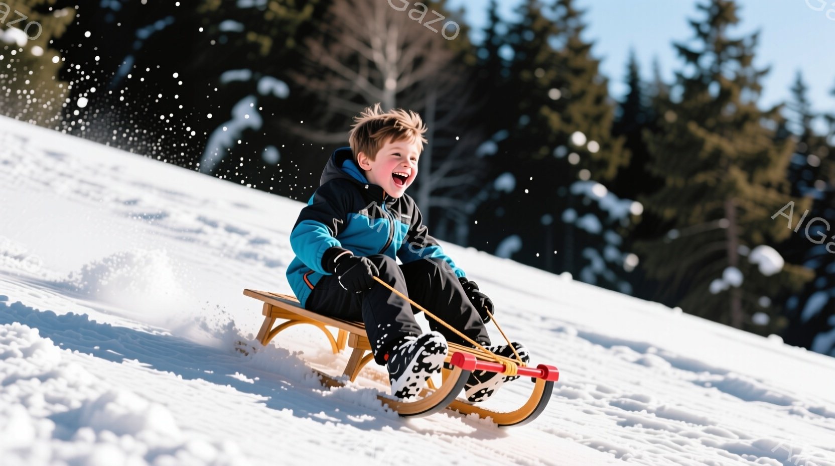 雪の上をそりに乗って下る少年が写っています。彼は黒いパーカーに青い長袖シャツ、黒いズボンと赤いブーツを着用し、髪は短くブロンドです。表情は喜びで満ち溢れ、スピードに乗って楽しんでいる様子が伝わってきま - AI生成フリー素材