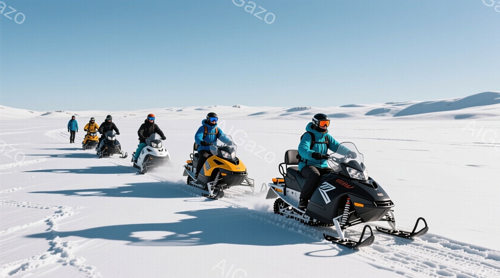 雪原をスノーモービル隊が走行している様子が写っています。隊員たちは防寒性の高いジャケット、ヘルメット、ゴーグルを着用し、寒さから身を守っています。背景は一面の雪景色で、晴天の下、白い雪原がどこまでも広がっており、爽やかで開放的な雰囲気が漂っています。