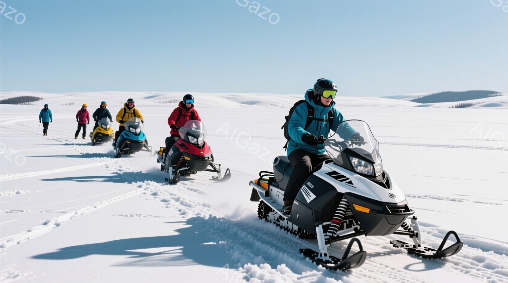 雪原をスノーモービルで走る人々の様子が写っています。彼らは防寒性の高いジャケットやヘルメットを着用し、楽しそうな表情をしています。背景には広大な雪景色が広がり、晴天の下、爽やかな冬の雰囲気が漂っています。