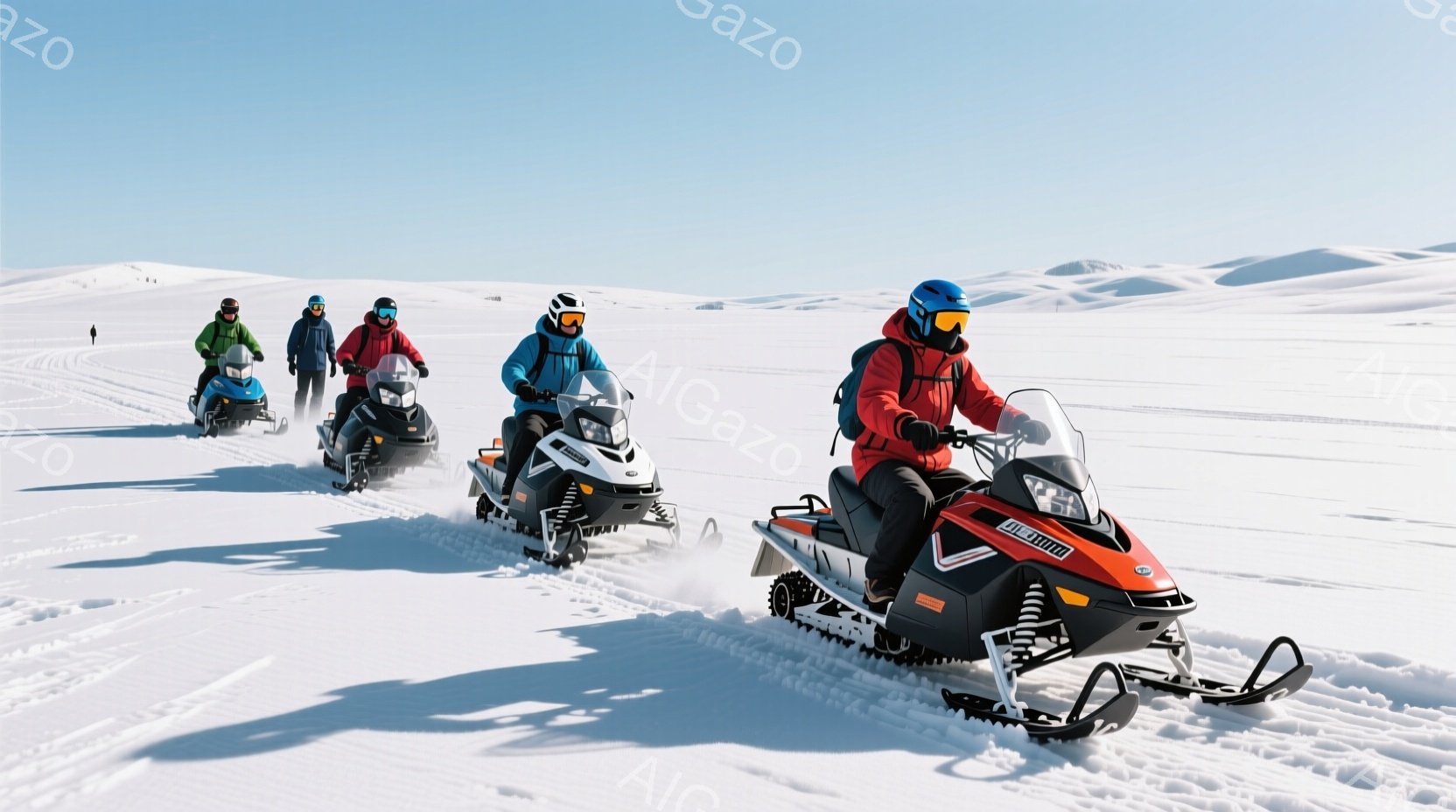 雪原をスノーモービルで走行する人々のグループが写っている。彼らはそれぞれカラフルな防寒着を身に着け、ヘルメットとゴーグルで顔を覆っている。背景は白く広大な雪景色で、遠くには雪に覆われた丘が見え、晴天の下、爽やかな冬の雰囲気が漂っている。